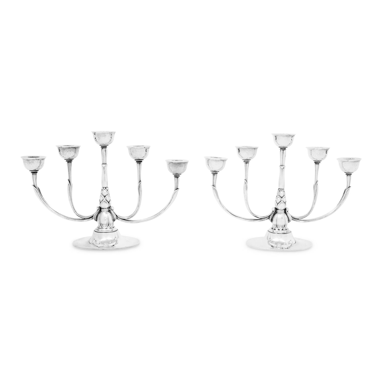 A Pair of Georg Jensen Silver Five-Light Candelabra