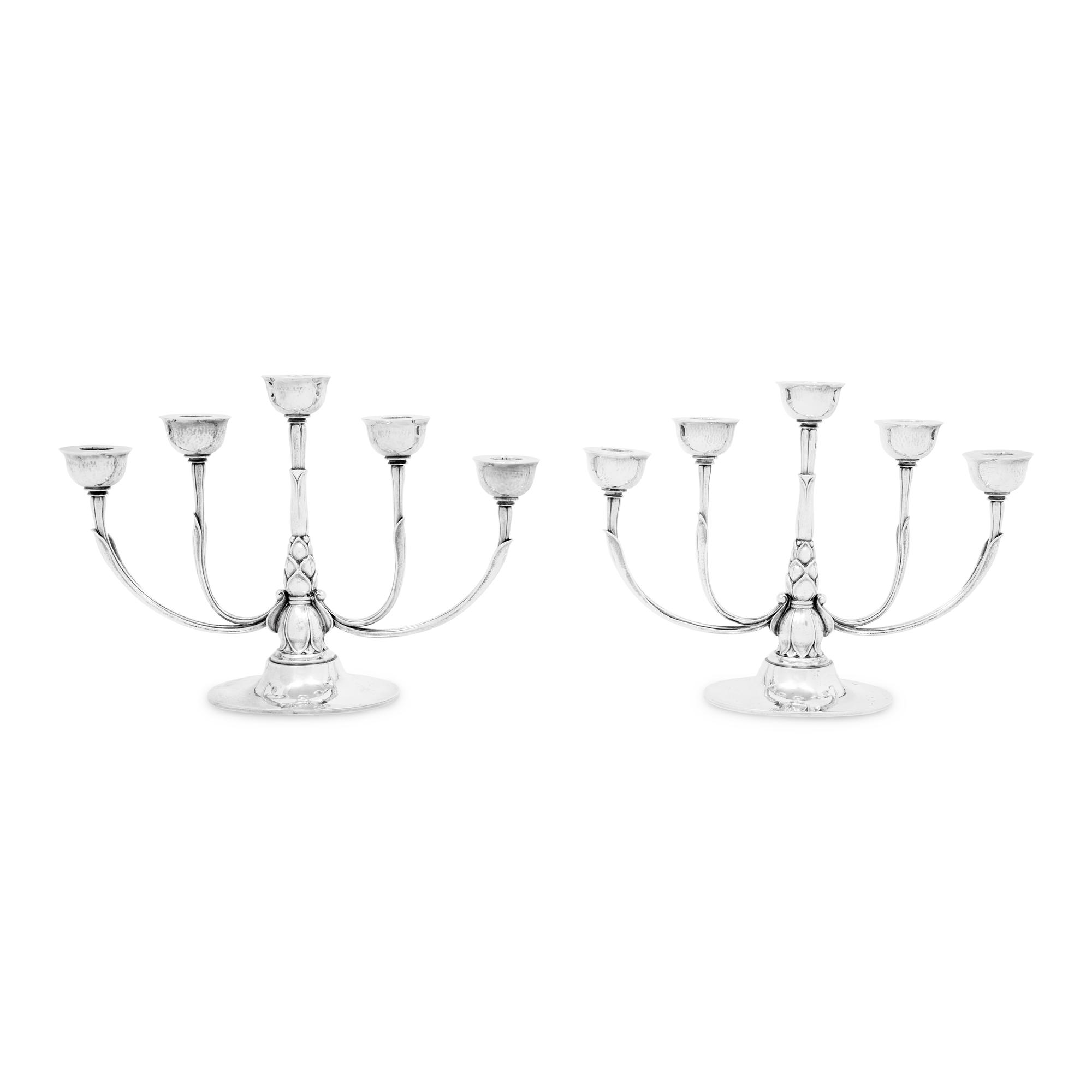 A Pair of Georg Jensen Silver Five-Light Candelabra