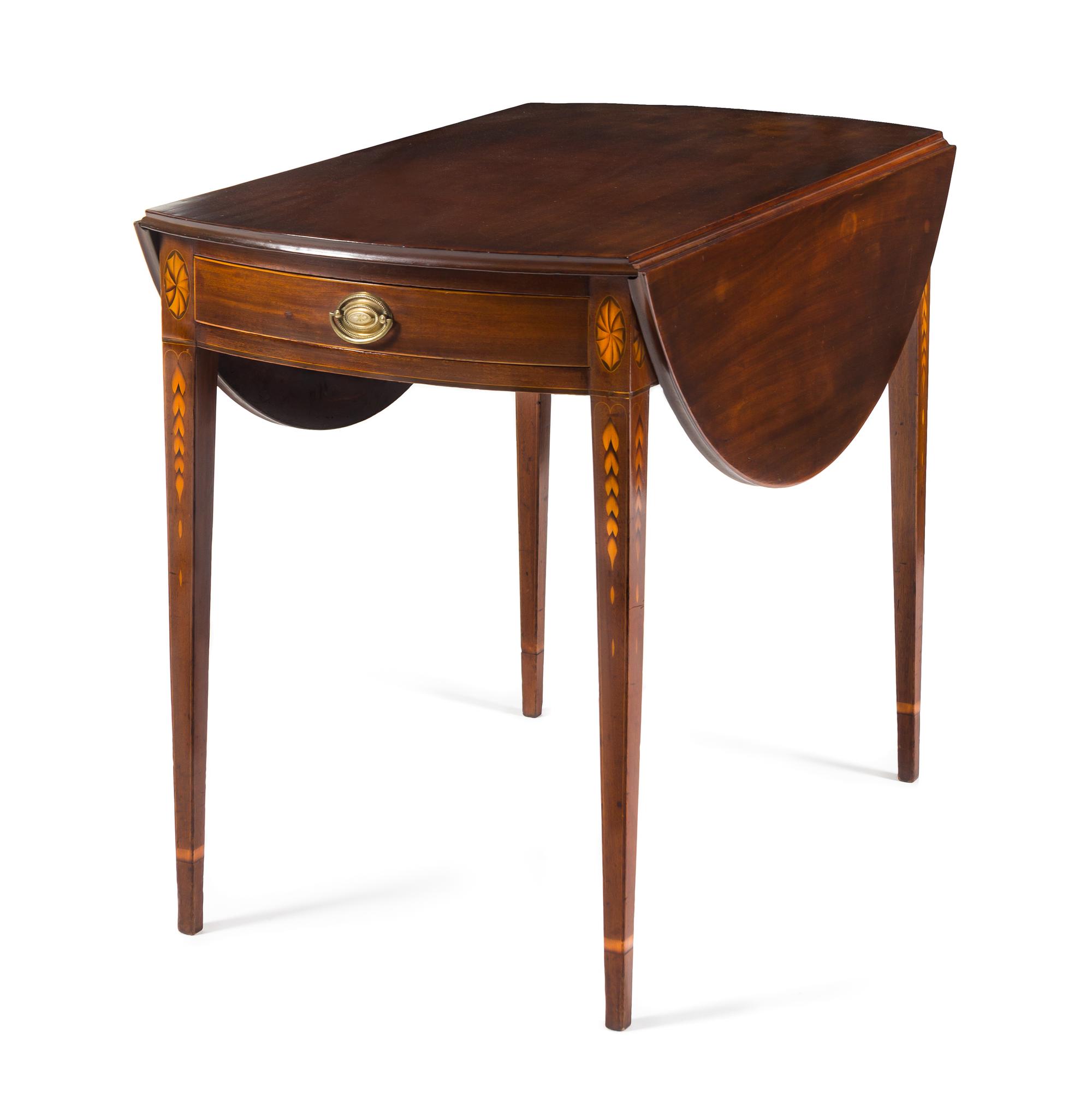A Federal Satinwood Inlaid Mahogany Pembroke Table Height 28 3/4 x width 21 3/8 x depth 34 1/4 inches. — NEW ENGLAND, 1803