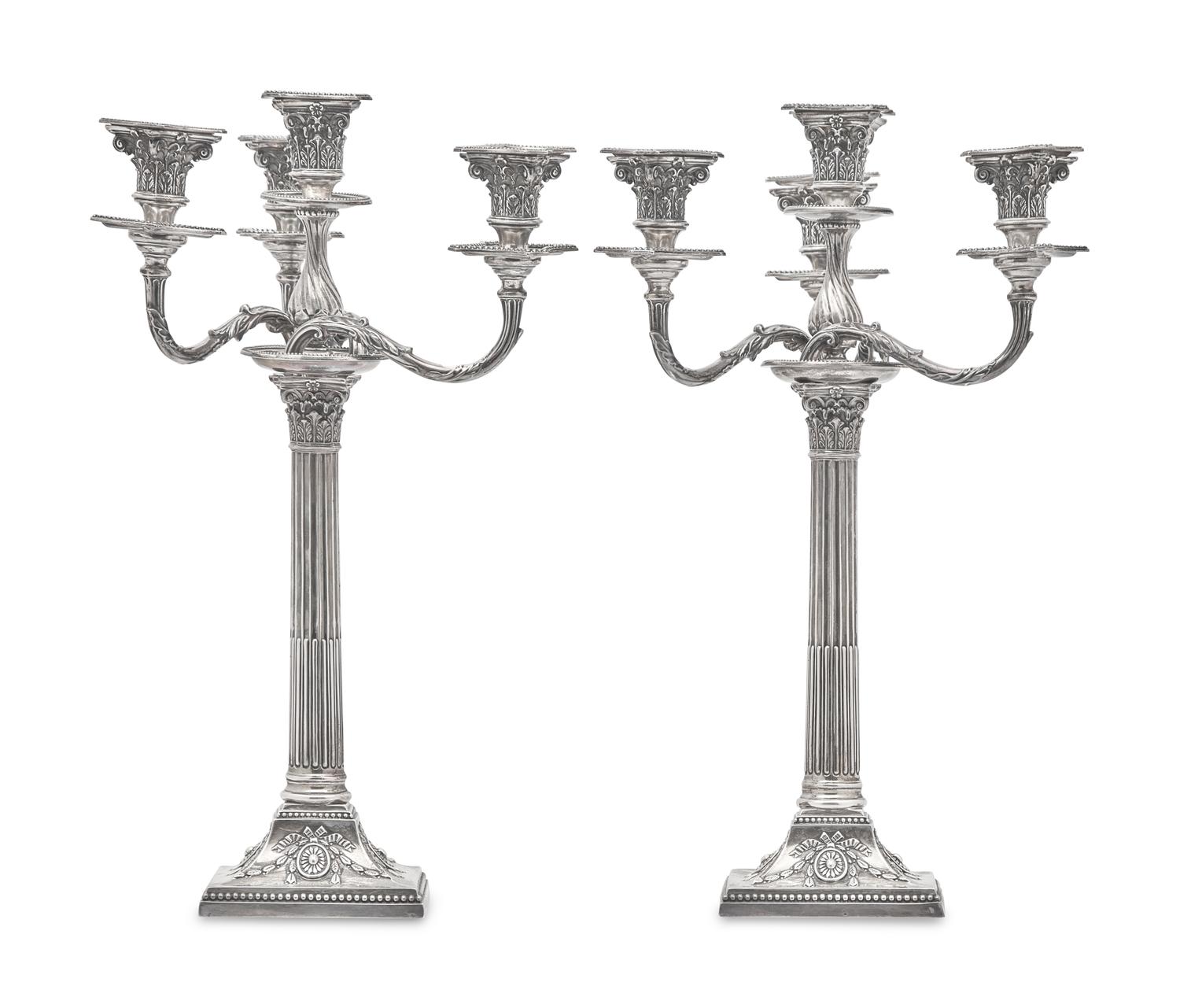 A Pair of Victorian Weighted Sterling Silver Four-Light Candlesticks, James Kebberling Bembridge for Hawksworth, Eyre, & Co., Ltd., Sheffield, 1882