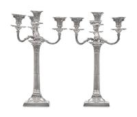A Pair of Victorian Weighted Sterling Silver Four-Light Candlesticks, James Kebberling Bembridge for Hawksworth, Eyre, & Co., Ltd., Sheffield, 1882
