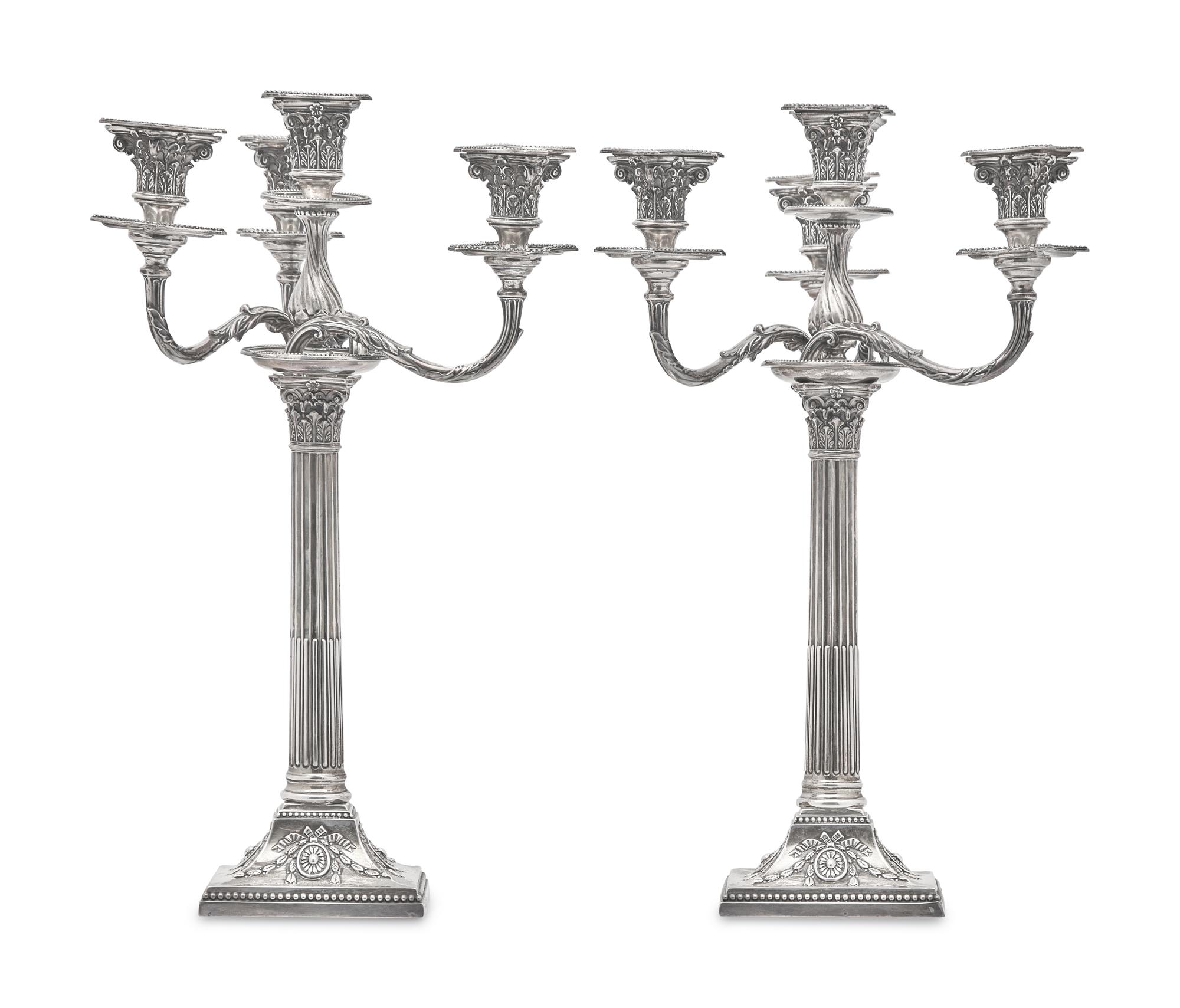 A Pair of Victorian Weighted Sterling Silver Four-Light Candlesticks, James Kebberling Bembridge for Hawksworth, Eyre, & Co., Ltd., Sheffield, 1882