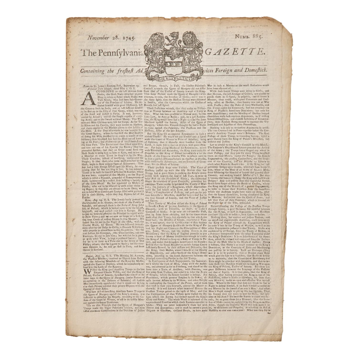 [Franklin, Benjamin] Scarce Issue of The Pennsylvania Gazette for November 28, 1745, With the Burning of Saratoga, Printed by Benjamin Franklin