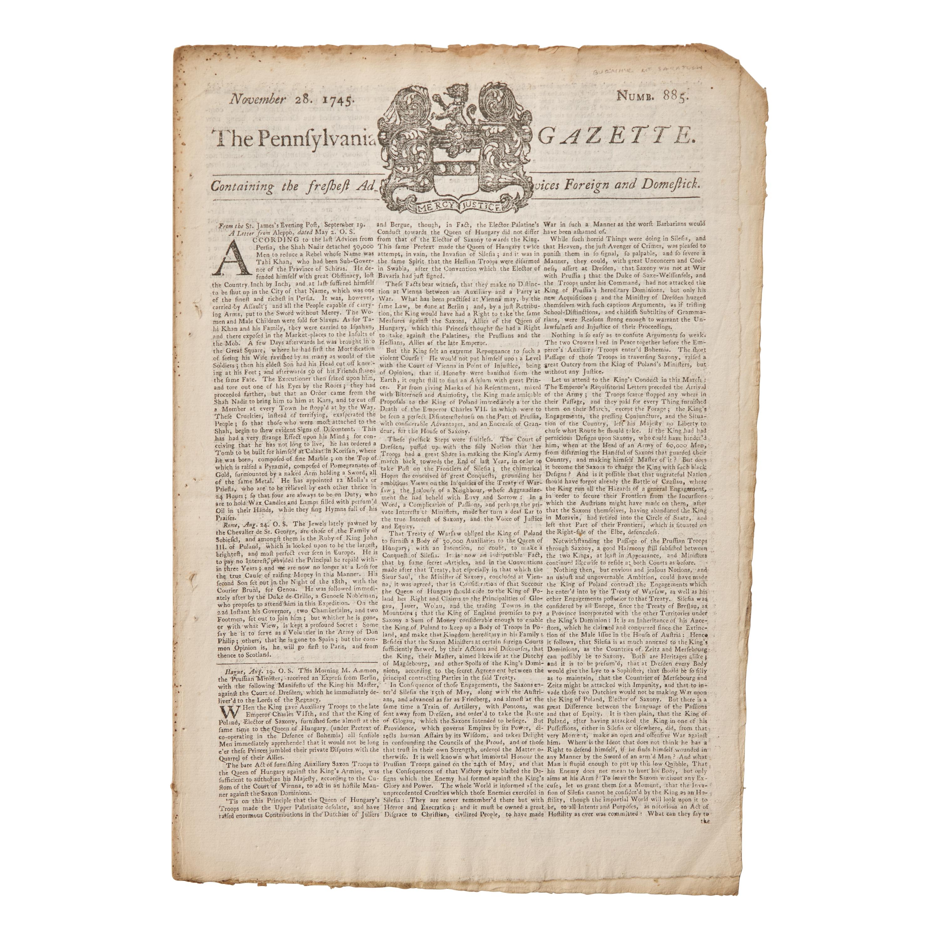 [Franklin, Benjamin] Scarce Issue of The Pennsylvania Gazette for November 28, 1745, With the Burning of Saratoga, Printed by Benjamin Franklin