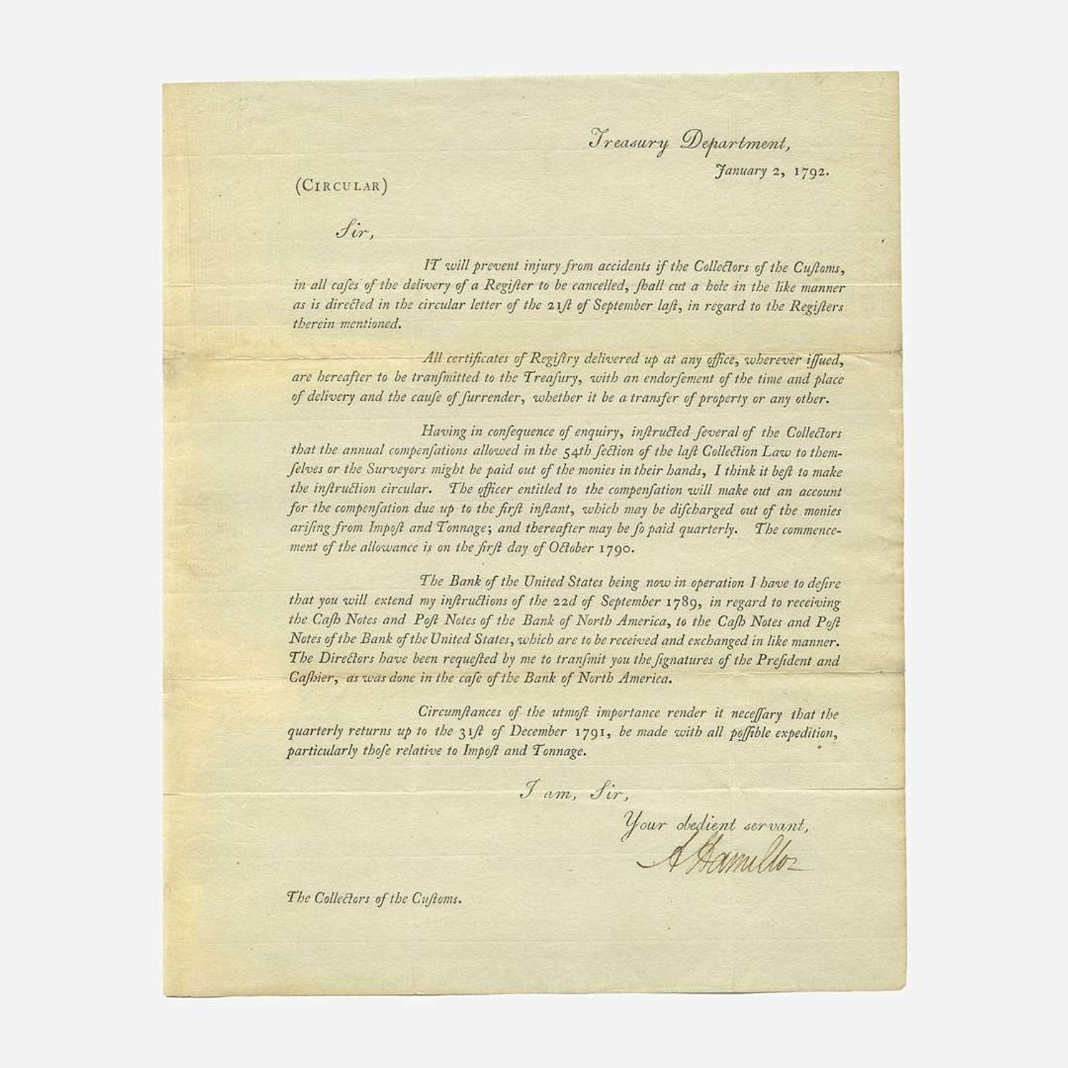 [Hamilton, Alexander] [Treasury Department] Printed Treasury Department Circular, signed