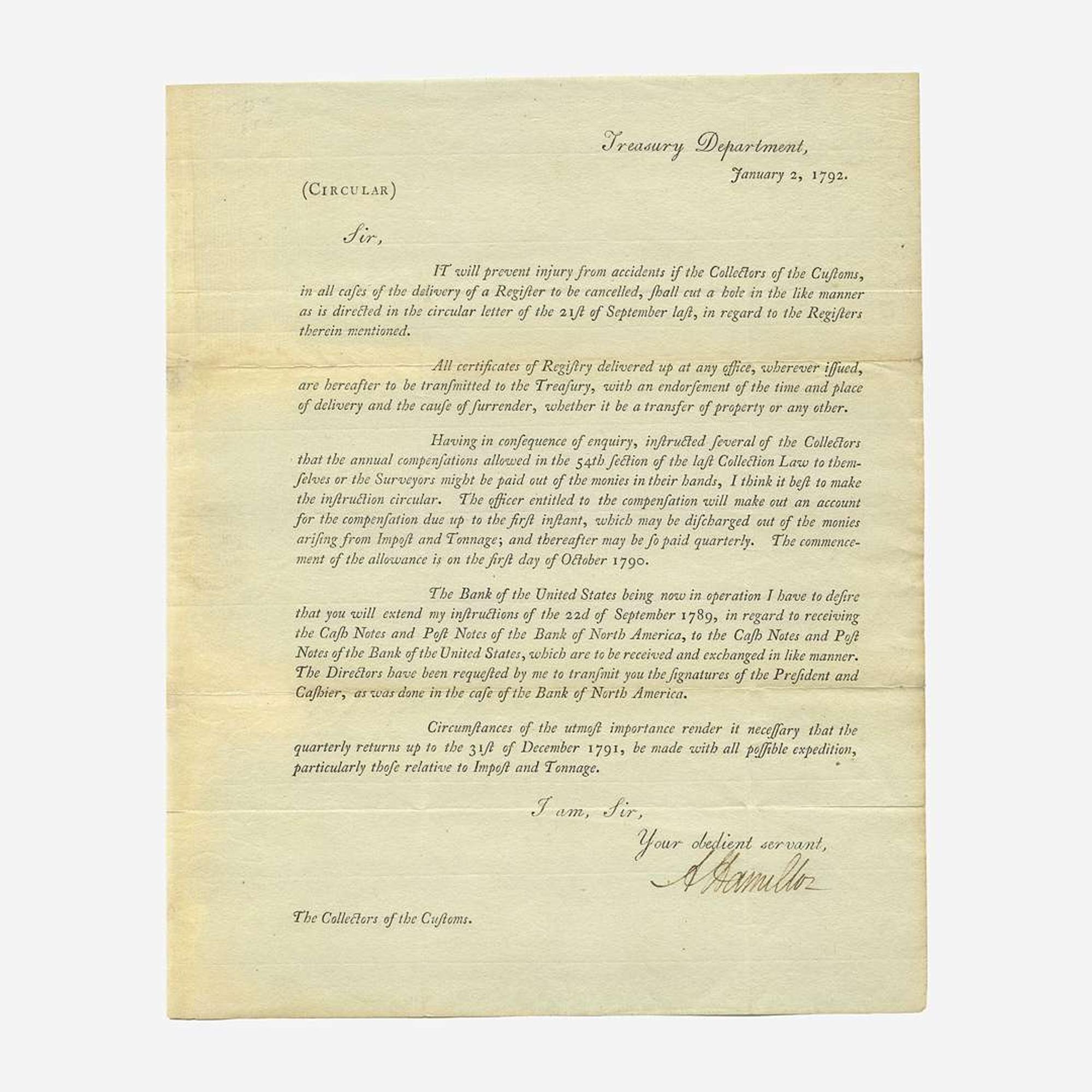 [Hamilton, Alexander] [Treasury Department] Printed Treasury Department Circular, signed