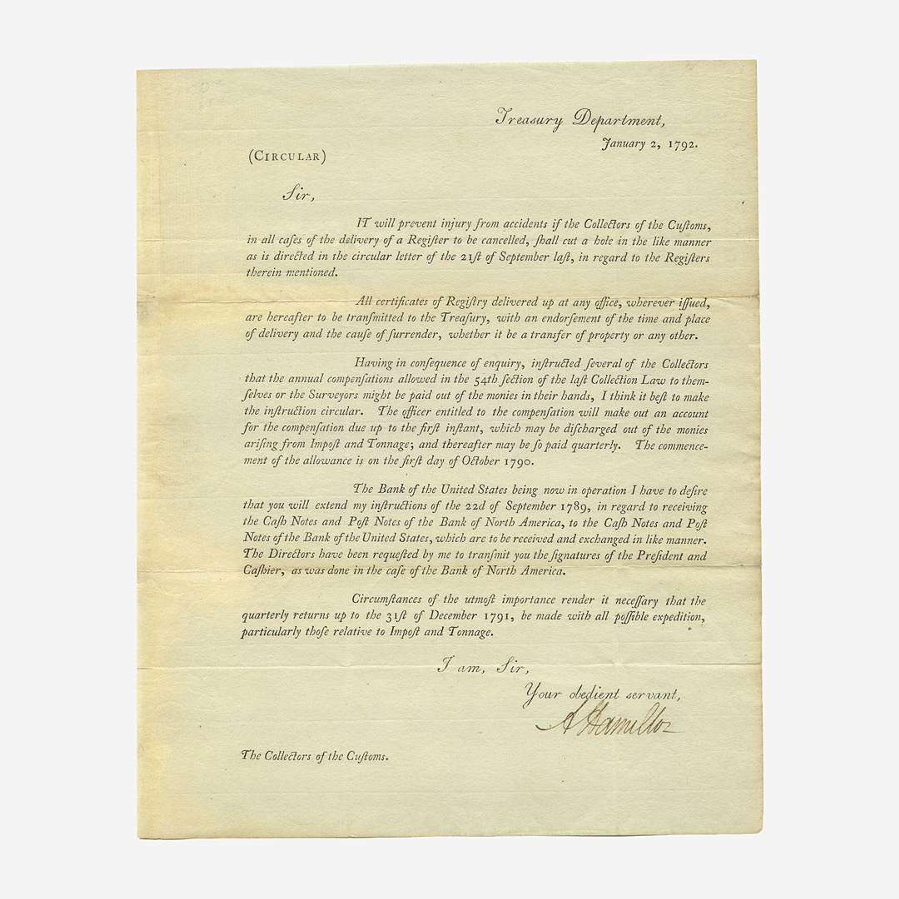 [Hamilton, Alexander] [Treasury Department] Printed Treasury Department Circular, signed