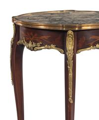 A Pair of Louis XV Style Gilt Bronze Mounted Marquetry Marble-Top Side Tables