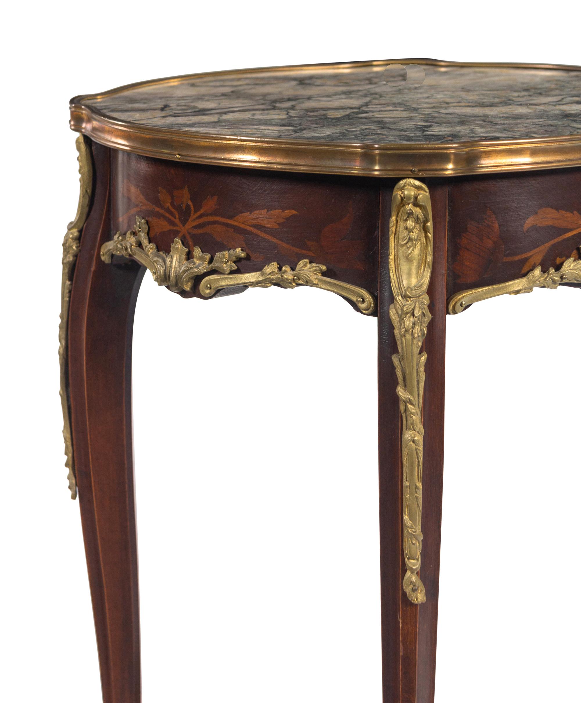 A Pair of Louis XV Style Gilt Bronze Mounted Marquetry Marble-Top Side Tables