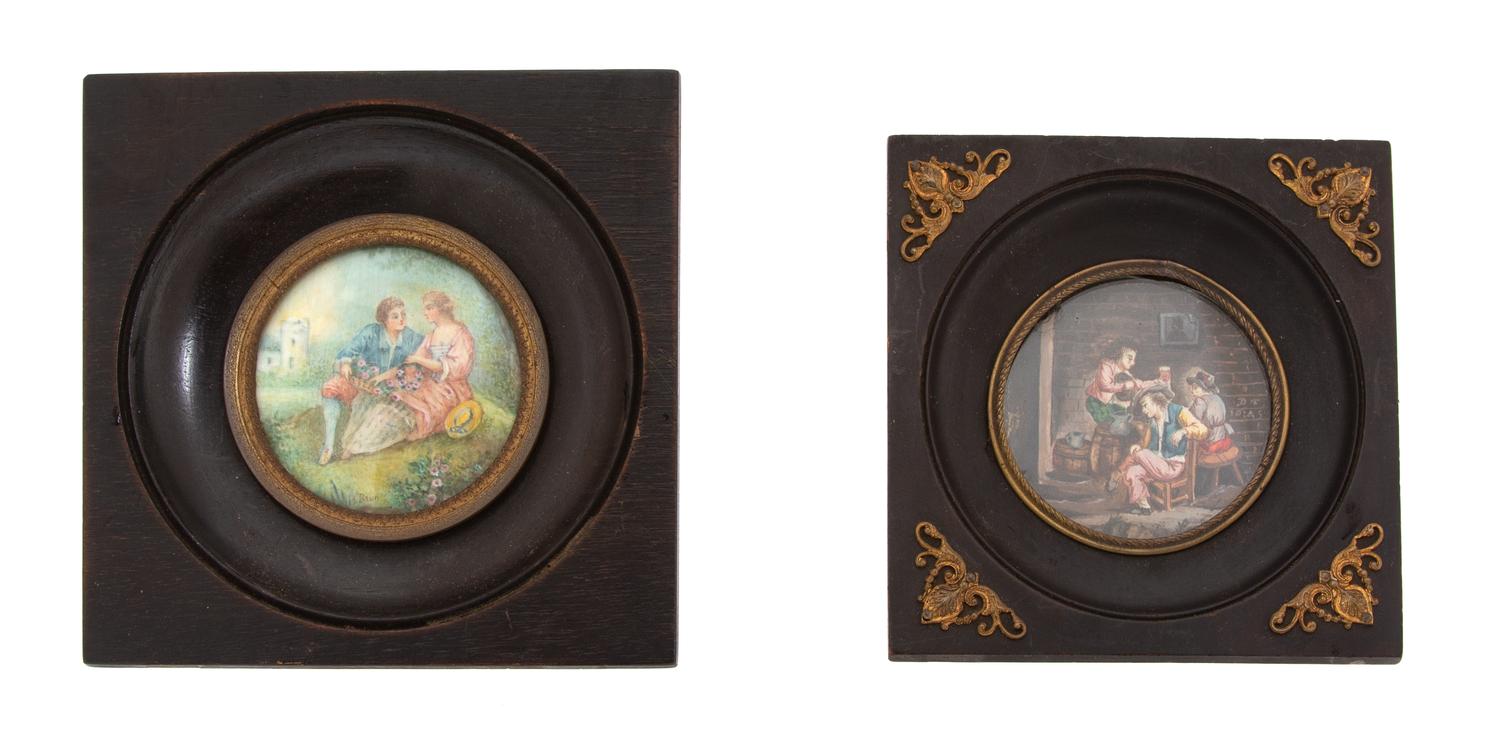 Two French Miniatures in Gilt Metal Mounted Ebonized Wood Frames Diameter 2 1/8 inches. — 19TH CENTURY