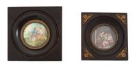 Two French Miniatures in Gilt Metal Mounted Ebonized Wood Frames Diameter 2 1/8 inches. — 19TH CENTURY