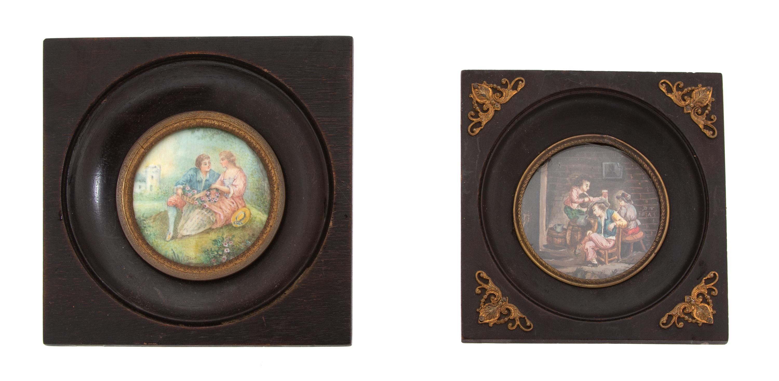 Two French Miniatures in Gilt Metal Mounted Ebonized Wood Frames Diameter 2 1/8 inches. — 19TH CENTURY