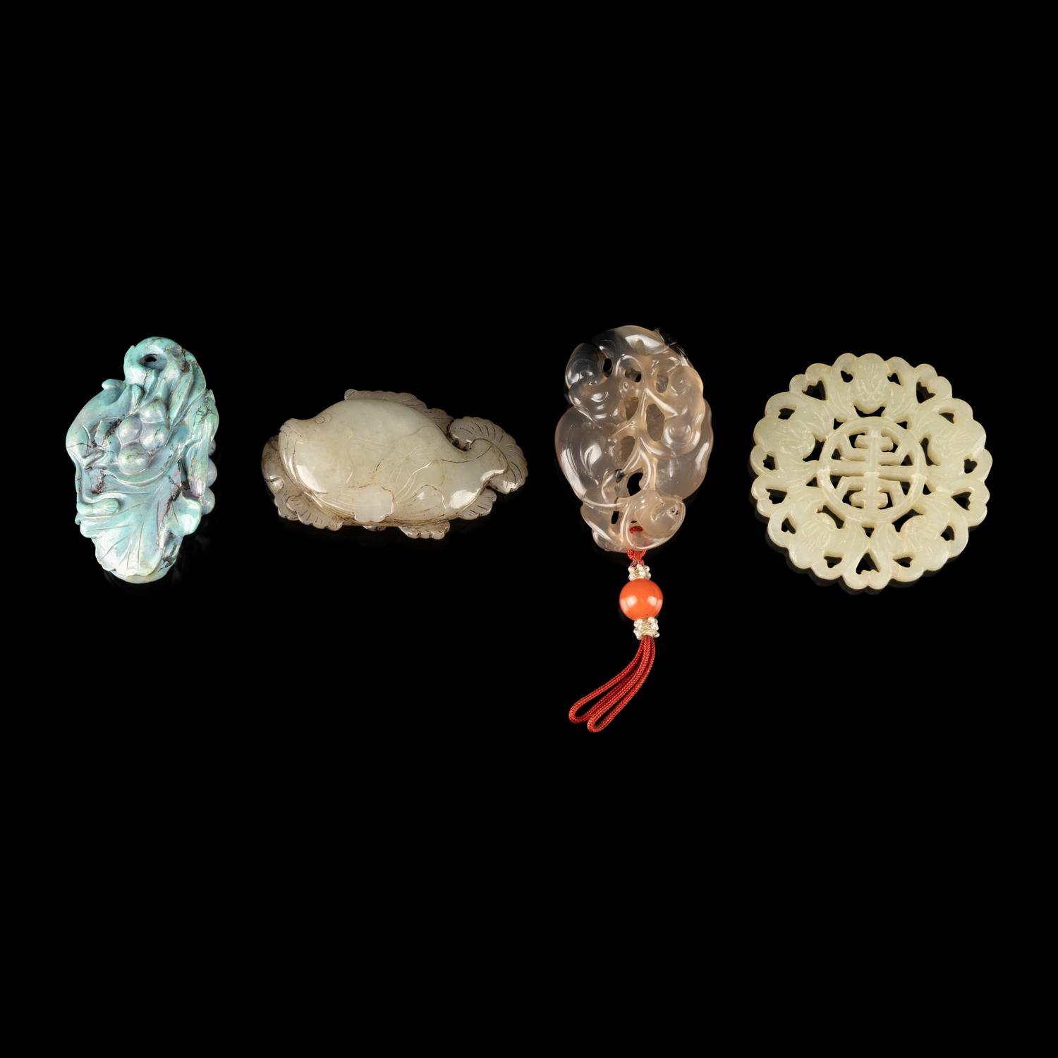 Four Chinese Precious Stone Carvings, 20th Century — 近代 松石、瑪瑙、黃玉把件四枚
