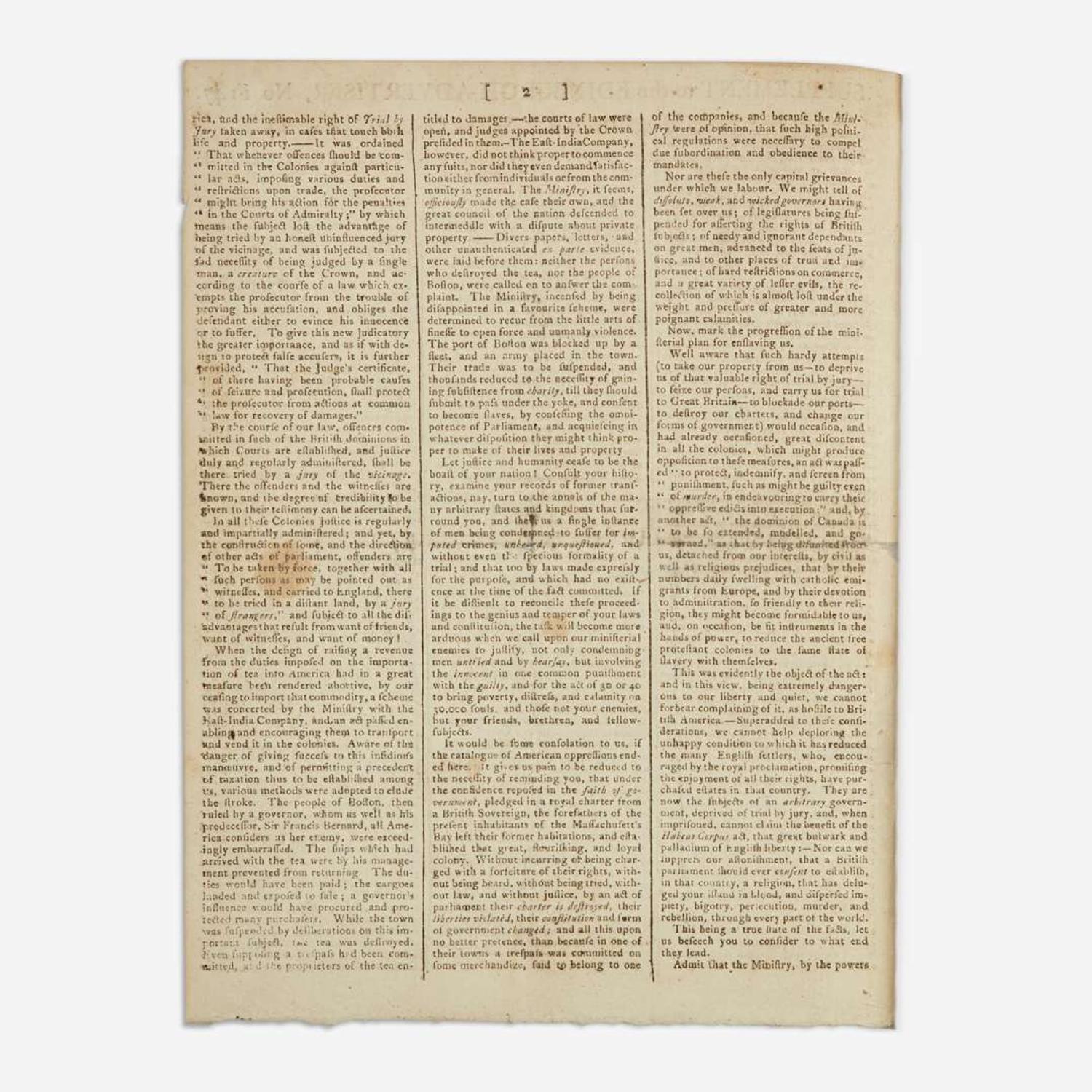 [Americana] [First Continental Congress] (Jay, John, and John Dickinson) Supplement to the Edinburgh Advertiser