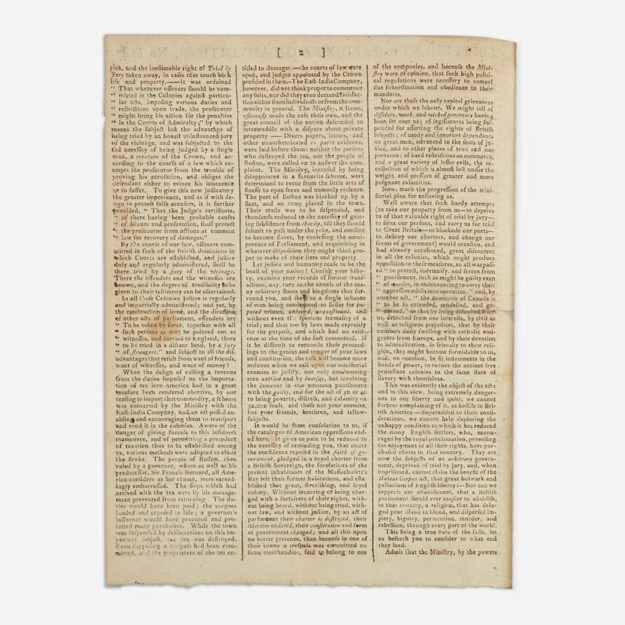 [Americana] [First Continental Congress] (Jay, John, and John Dickinson) Supplement to the Edinburgh Advertiser