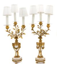 A Pair of Louis XVI Style Gilt Bronze Mounted Marble Three-Light Candelabra Height overall 23 1/2 inches. — 19TH CENTURY