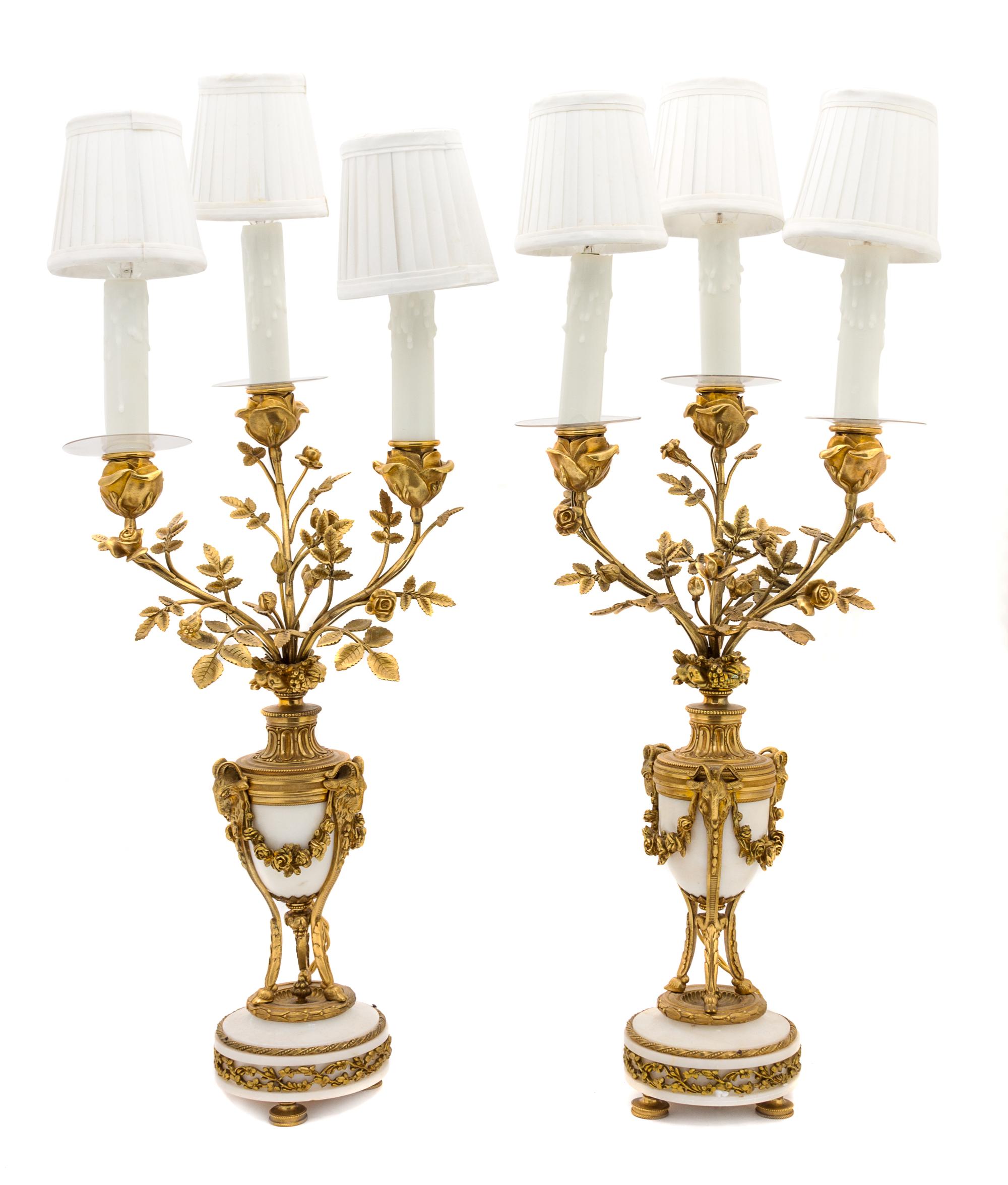 A Pair of Louis XVI Style Gilt Bronze Mounted Marble Three-Light Candelabra Height overall 23 1/2 inches. — 19TH CENTURY