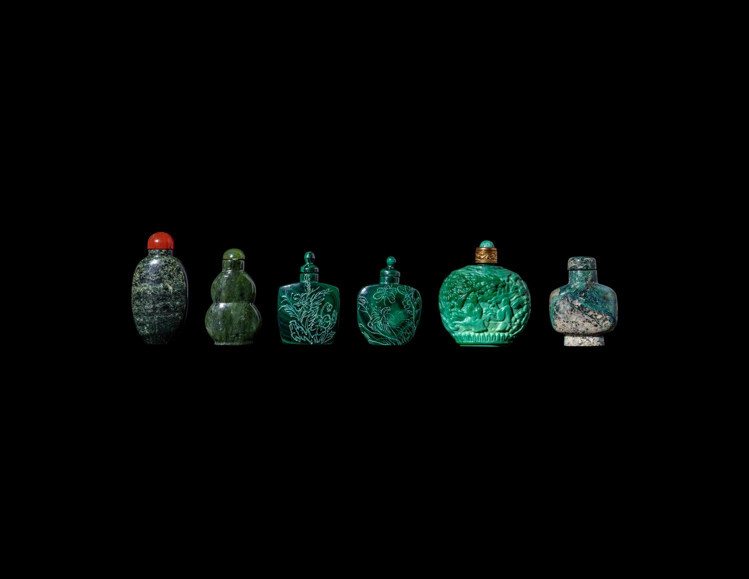 Six Chinese Green Hardstone and Glass Snuff Bottles