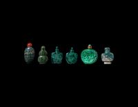 Six Chinese Green Hardstone and Glass Snuff Bottles