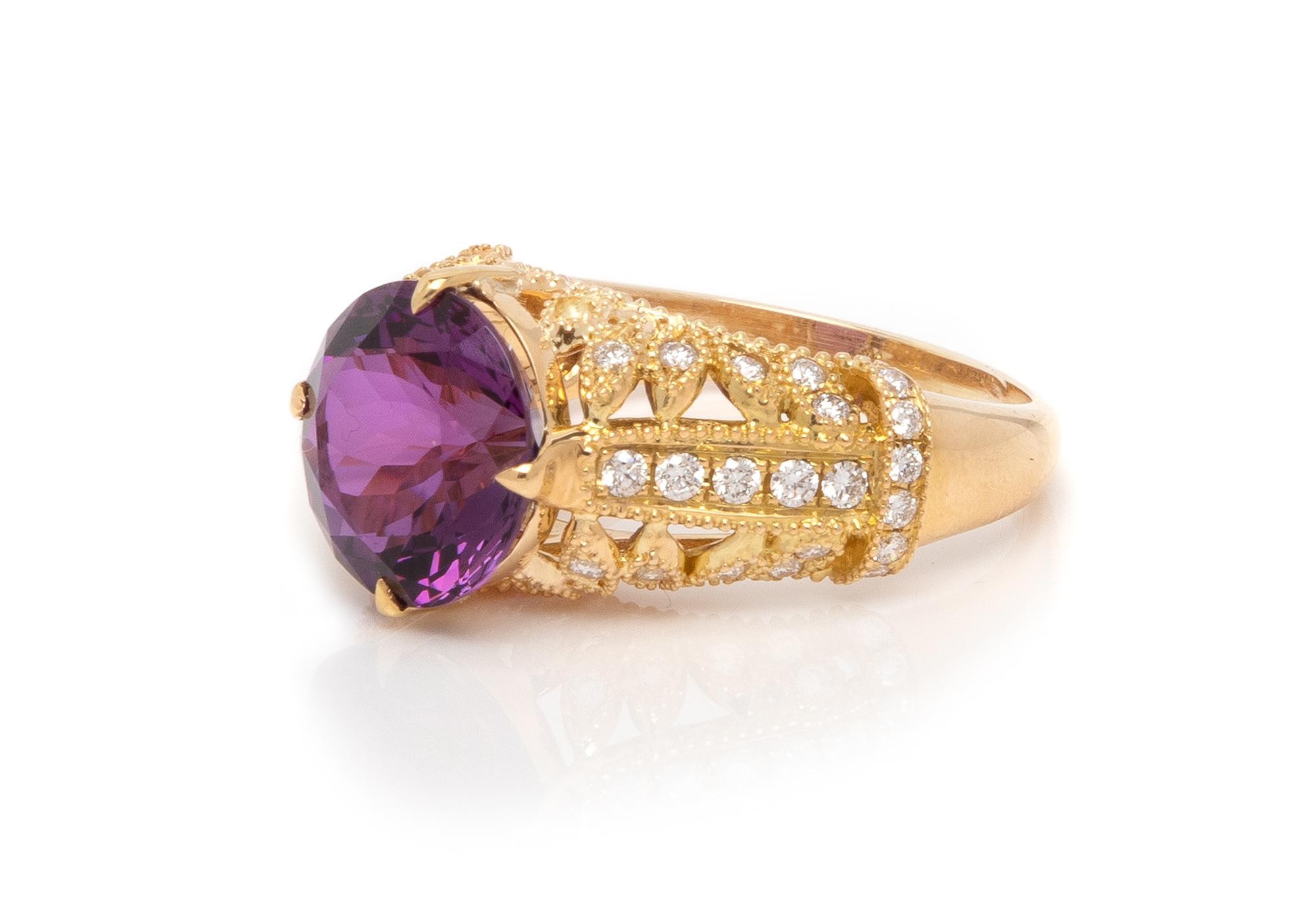 An 18 Karat Yellow Gold, Amethyst and Diamond Ring,