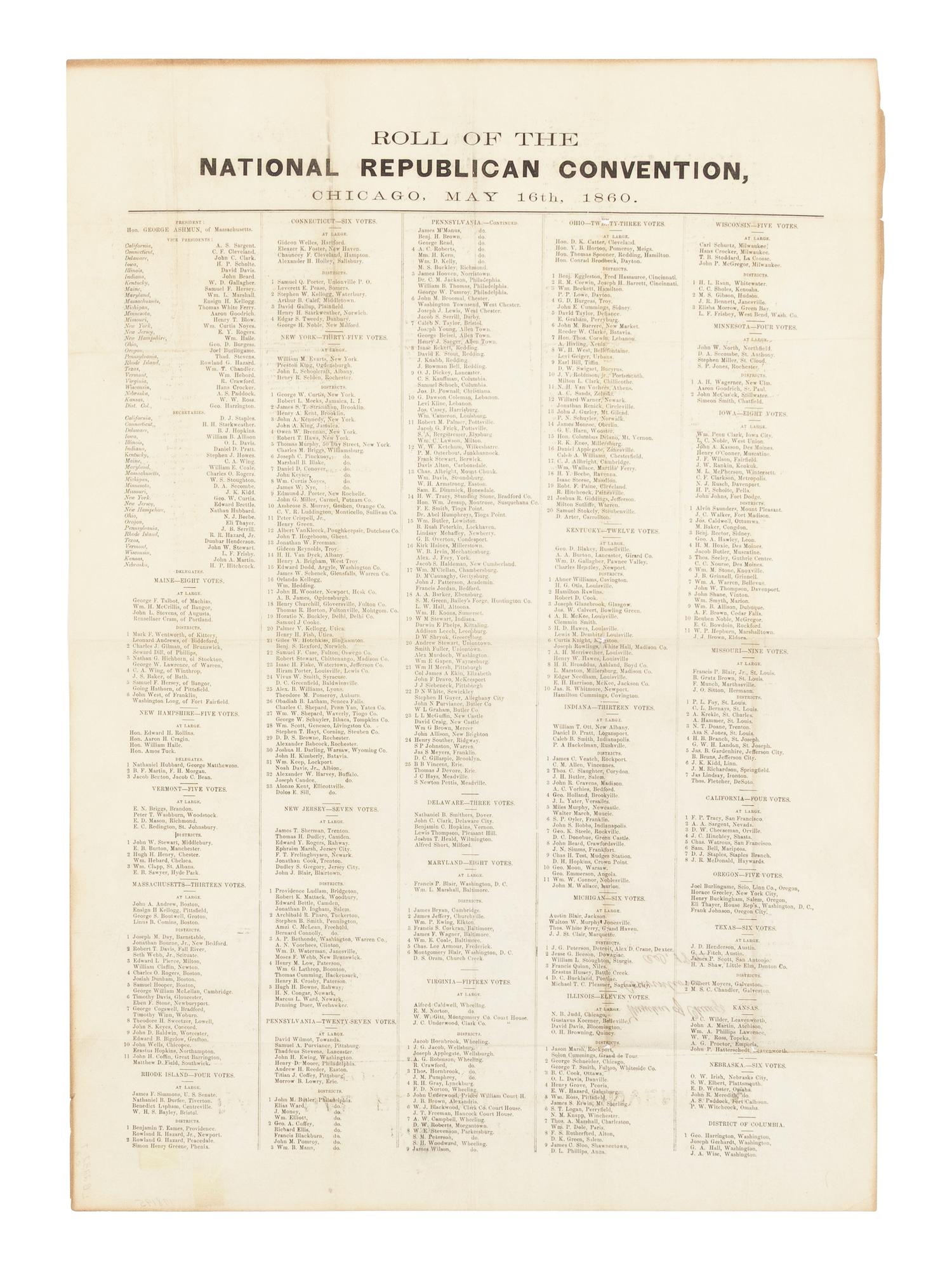 [LINCOLN-HAMLIN CAMPAIGN]. Roll of the National Republican Convention , Chicago. May 16th, 1860 .
