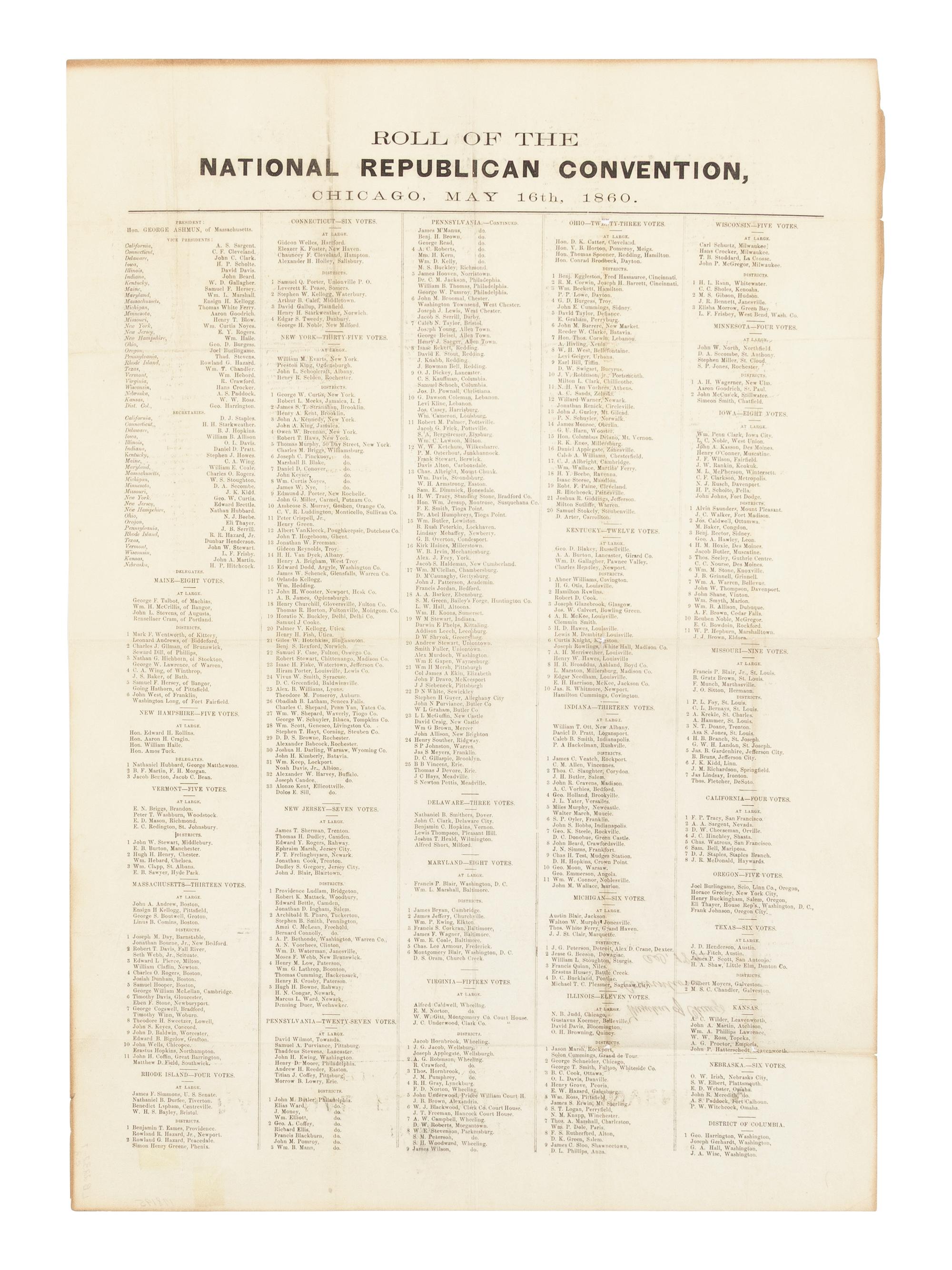 [LINCOLN-HAMLIN CAMPAIGN]. Roll of the National Republican Convention , Chicago. May 16th, 1860 .
