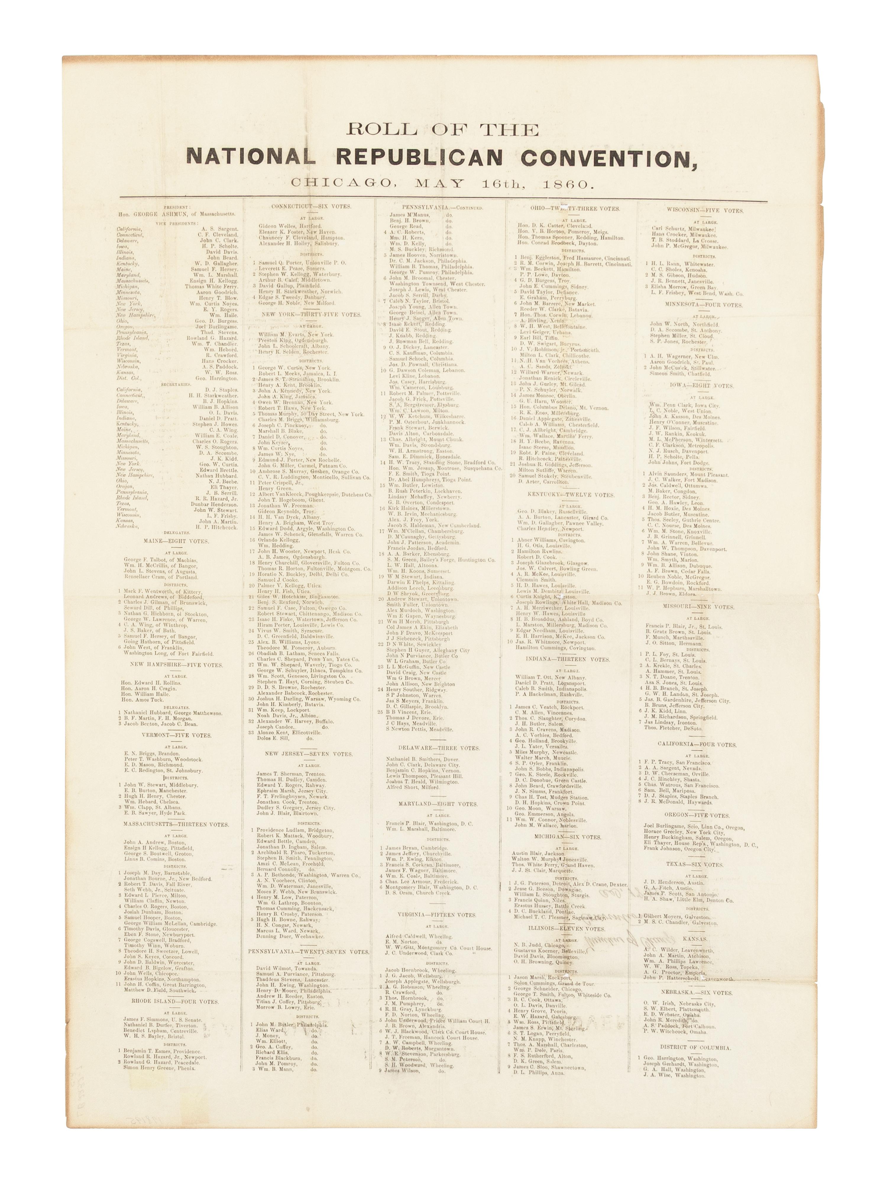 [LINCOLN-HAMLIN CAMPAIGN]. Roll of the National Republican Convention , Chicago. May 16th, 1860 .