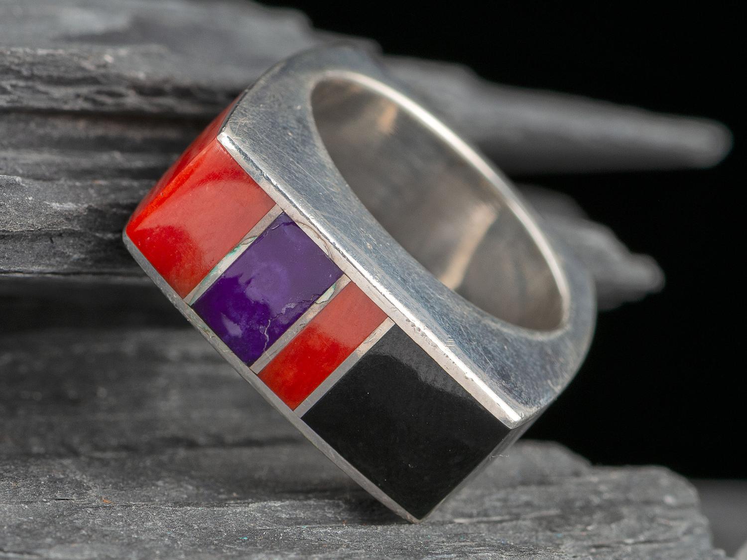 Sterling Silver, Coral, Onyx, and Sugilite Squared Ring