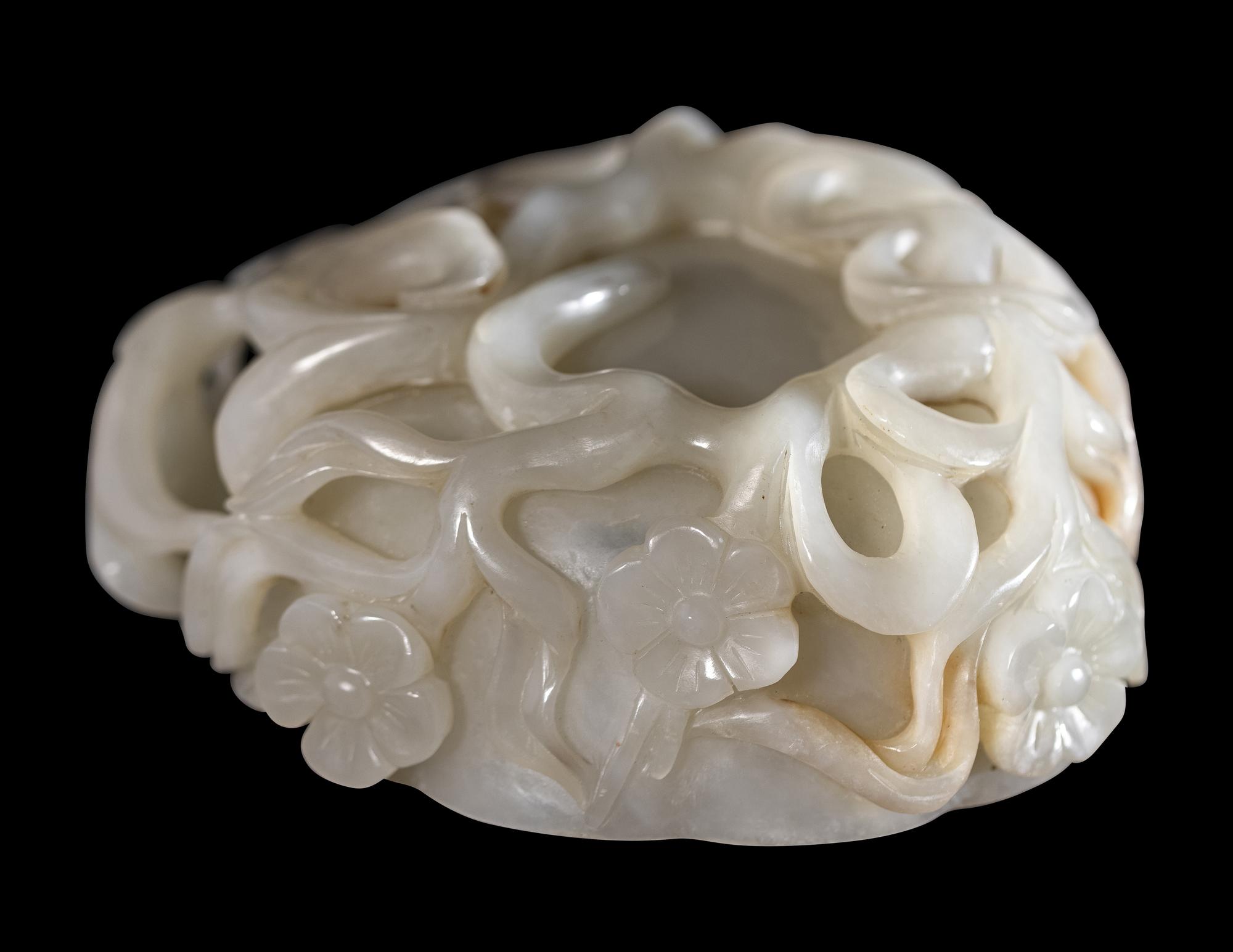A Chinese Carved Jade 'Prunus' Brush Washer