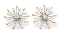 A Pair of White Gold, Diamond and Cultured Pearl Starburst Earrings, 3.45 dwts