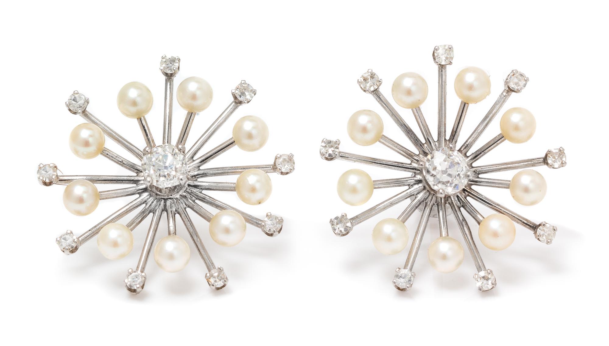 A Pair of White Gold, Diamond and Cultured Pearl Starburst Earrings, 3.45 dwts