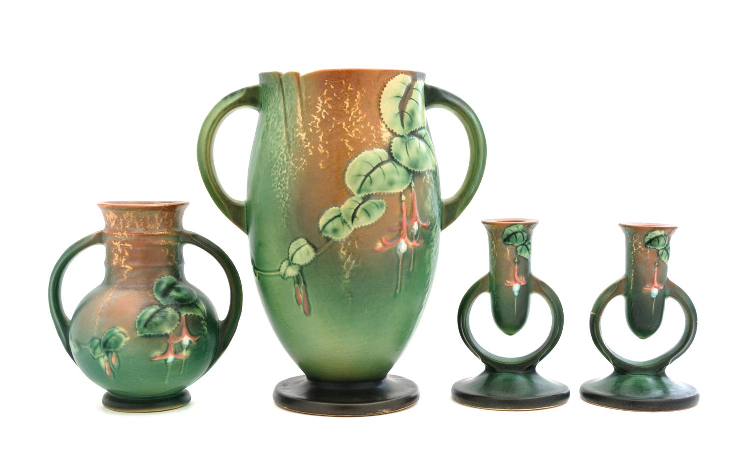 Four Roseville Fuchsia Pottery Articles Height of tallest vase 10 1/4 inches.
