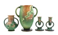 Four Roseville Fuchsia Pottery Articles Height of tallest vase 10 1/4 inches.