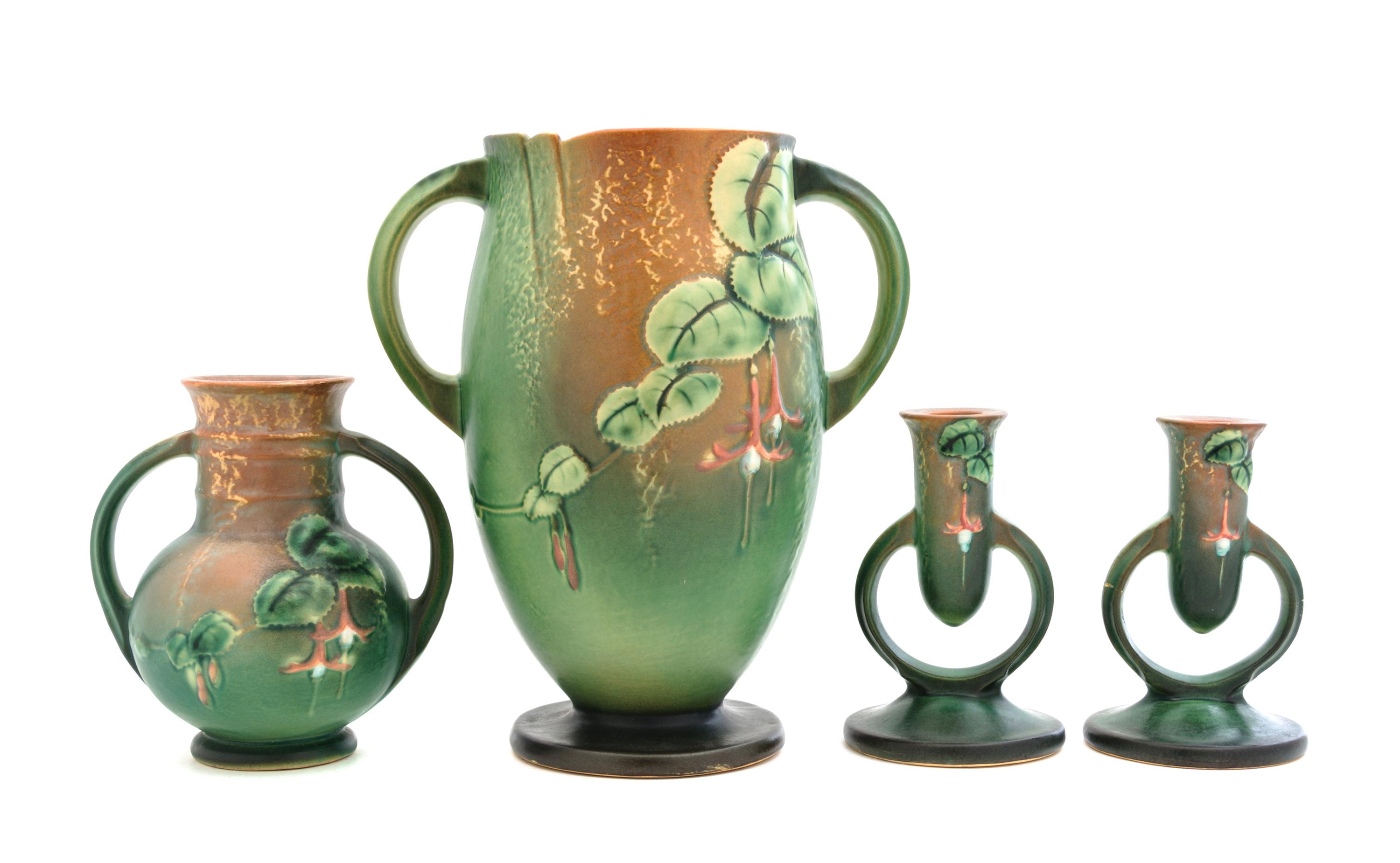 Four Roseville Fuchsia Pottery Articles Height of tallest vase 10 1/4 inches.