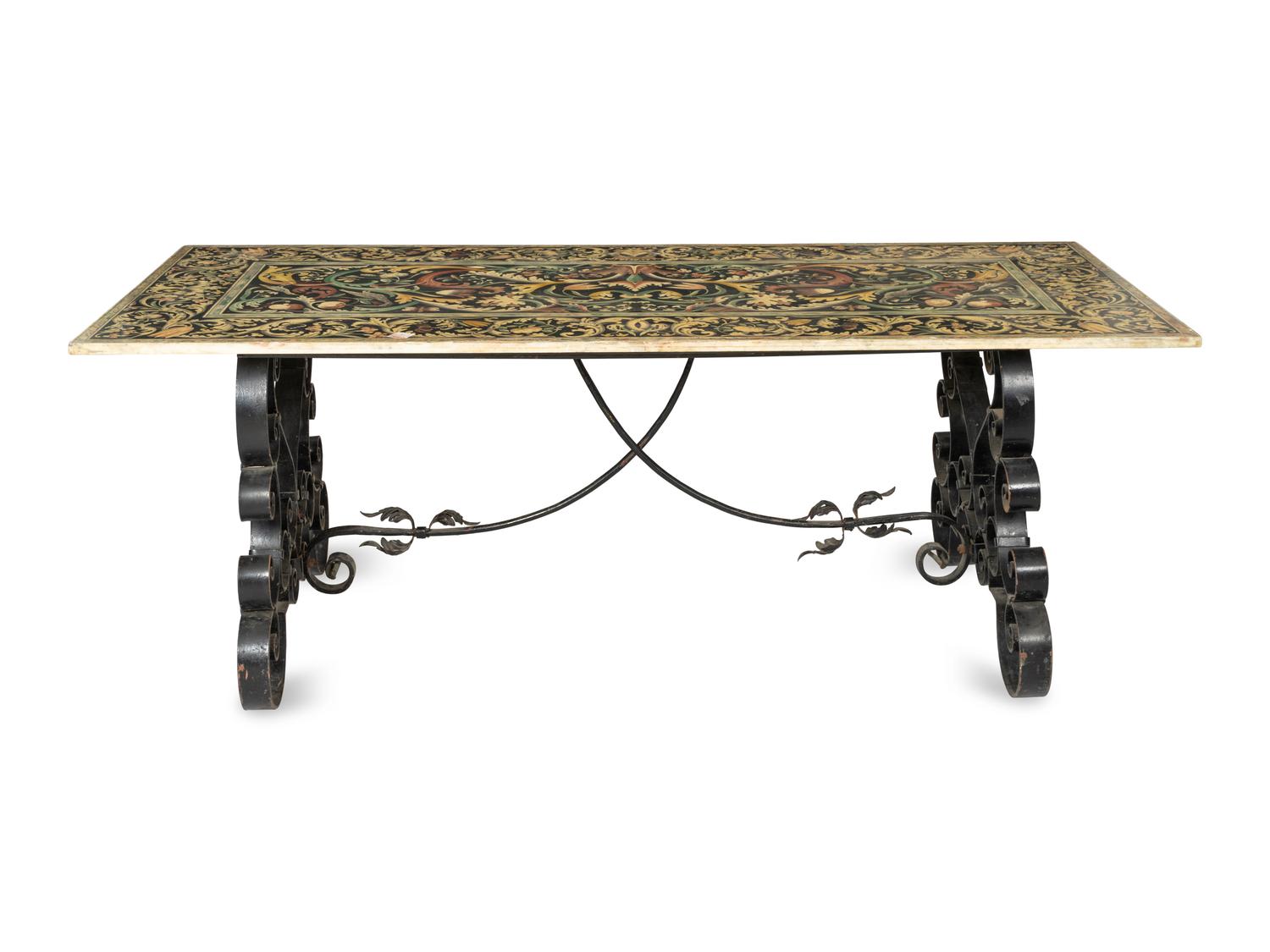 A Wrought Iron Table with Fine Italian Scagliola Top