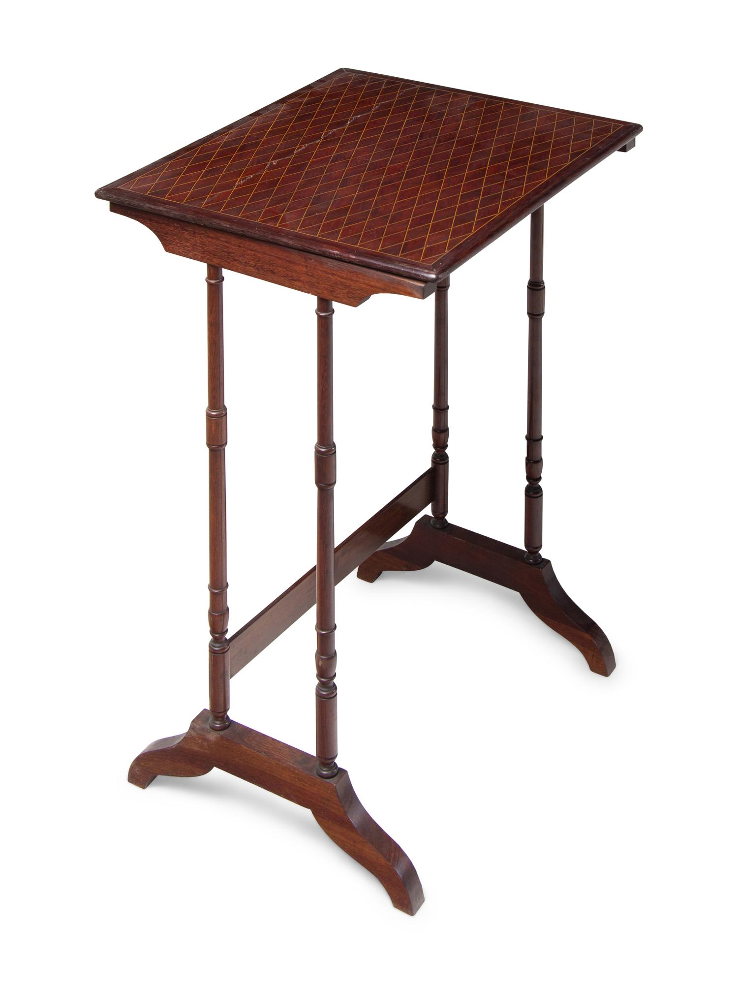 A Set of Three Regency Style Satinwood Inlaid Mahogany and Parquetry Nesting Tables