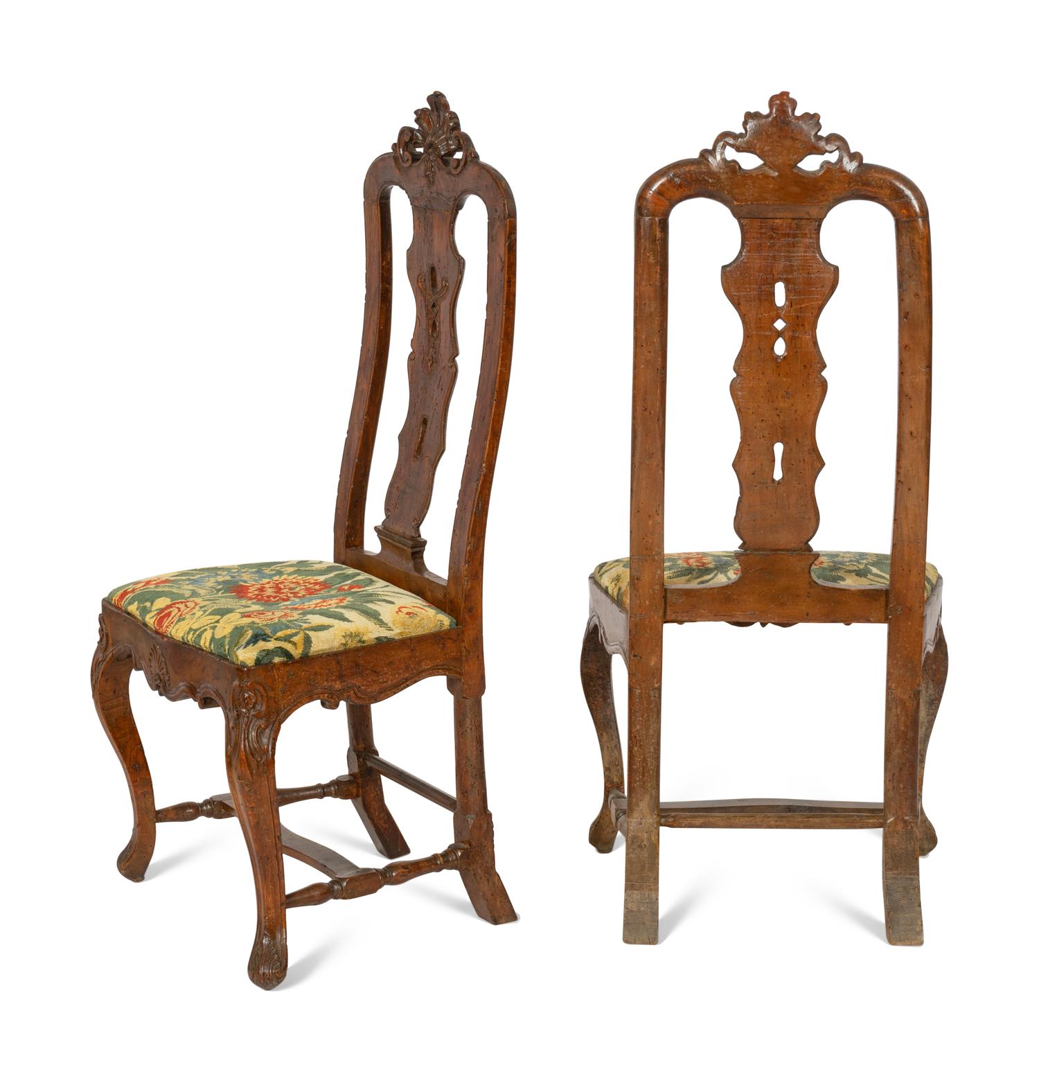 A Pair of Portuguese Carved Walnut Side Chairs