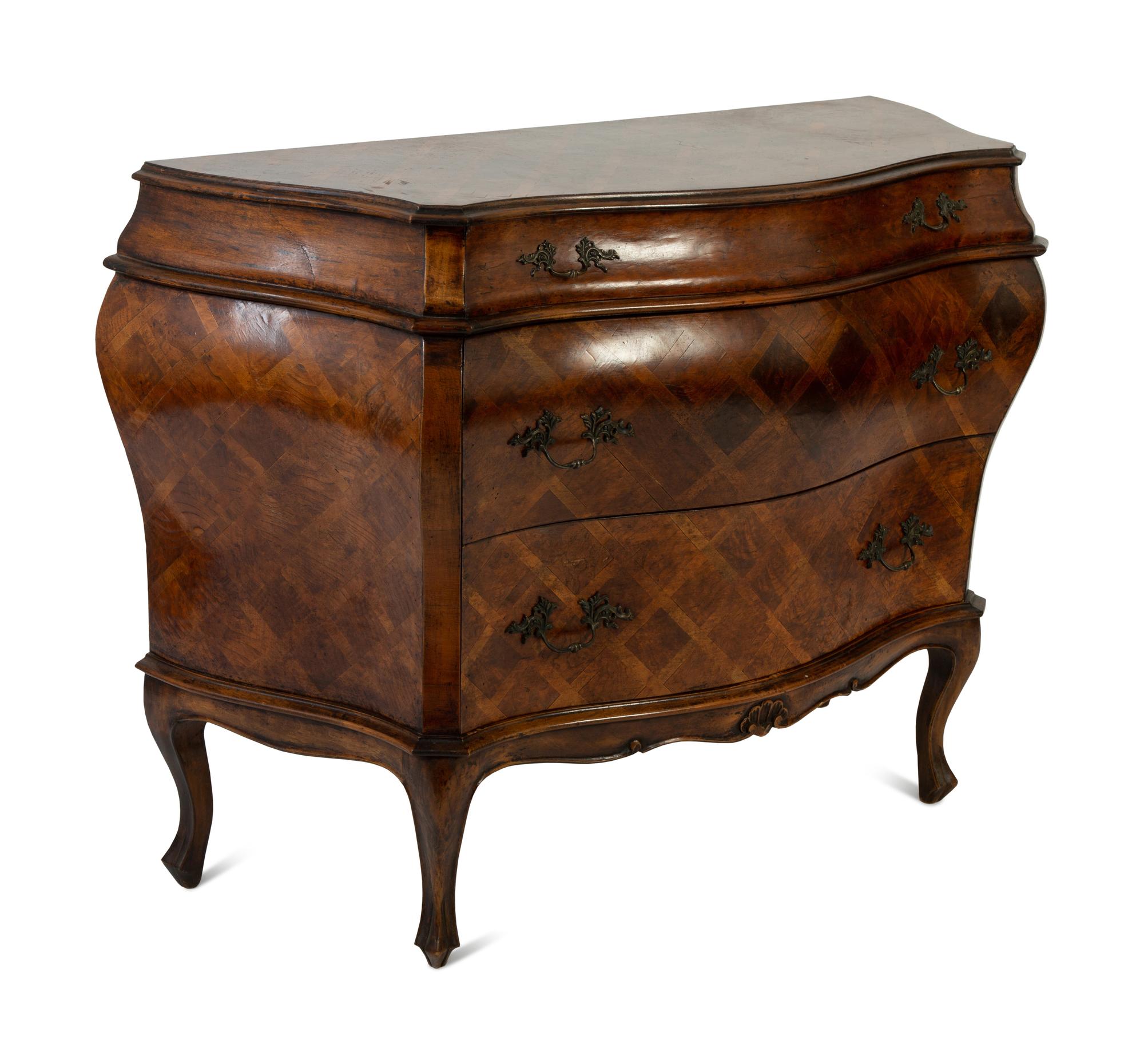 An Italian Louis XV Style Walnut Parquetry Bombe Commode — 19TH CENTURY