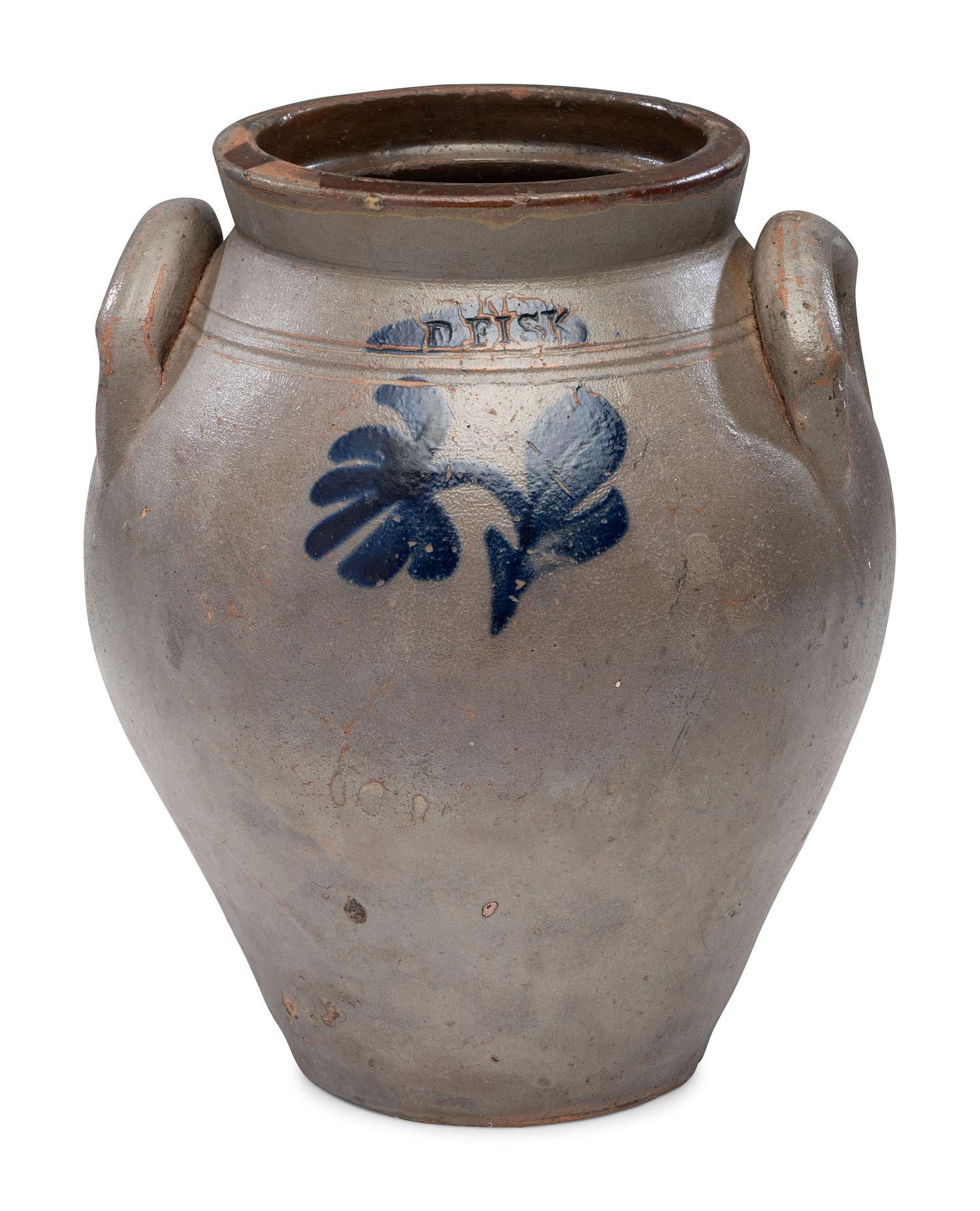 A Daniel Fisk Cobalt Decorated One Gallon Stoneware Crock