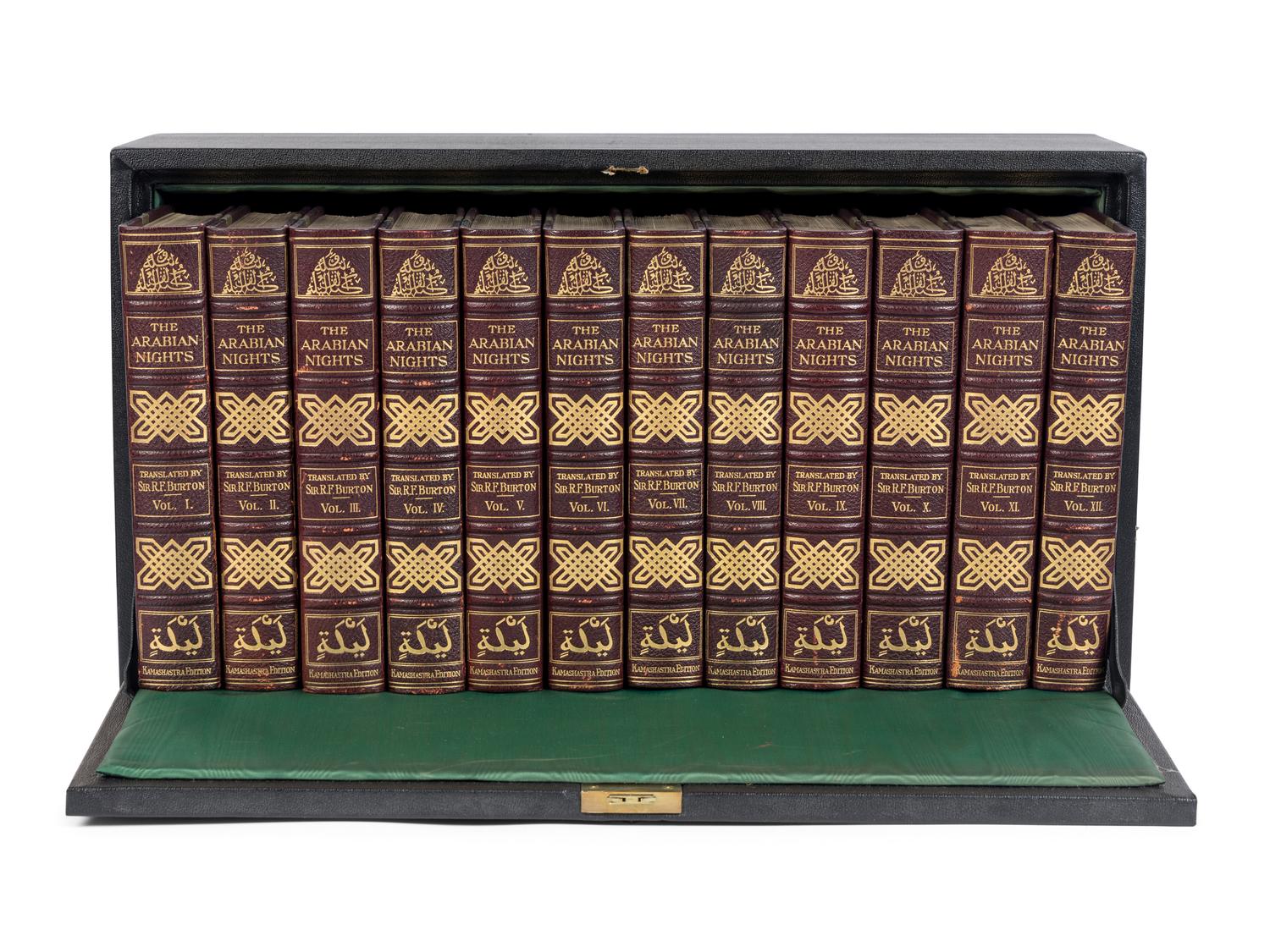 BURTON, Richard Francis, Sir (1821-1890), translator. The Book of the Thousand Nights and a Night… Reprinted from the Original Edition . 8 volumes. -- Supplemental Nights . 4 volumes. Leonard C. Smithers, editor. Albert Letchford, illustrator. London: H.S. Nichols Ltd., 1897.