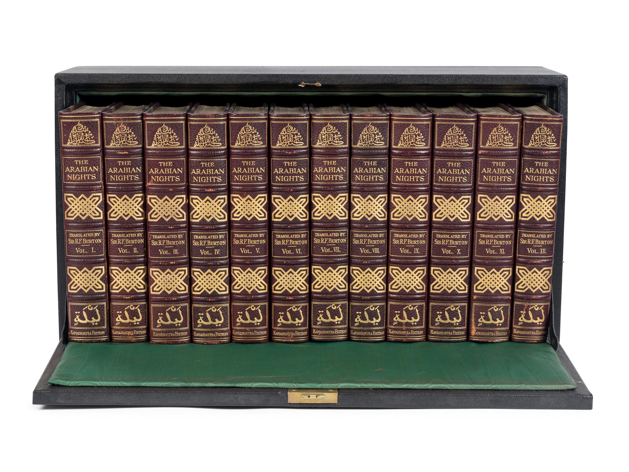 BURTON, Richard Francis, Sir (1821-1890), translator. The Book of the Thousand Nights and a Night… Reprinted from the Original Edition . 8 volumes. -- Supplemental Nights . 4 volumes. Leonard C. Smithers, editor. Albert Letchford, illustrator. London: H.S. Nichols Ltd., 1897.