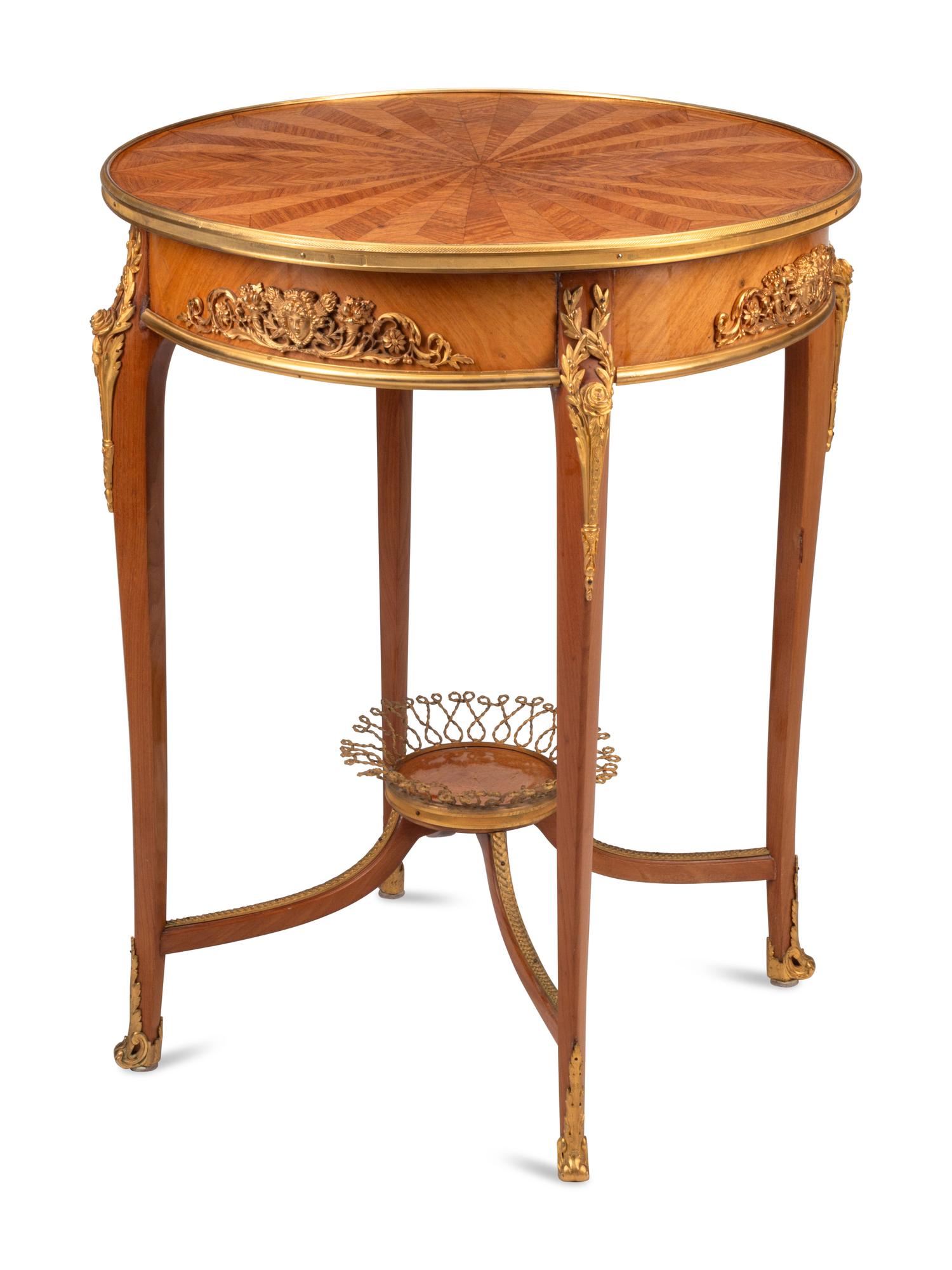 A Louis XV/XVI Transitional Style Gilt Bronze Mounted Parquetry Side Table