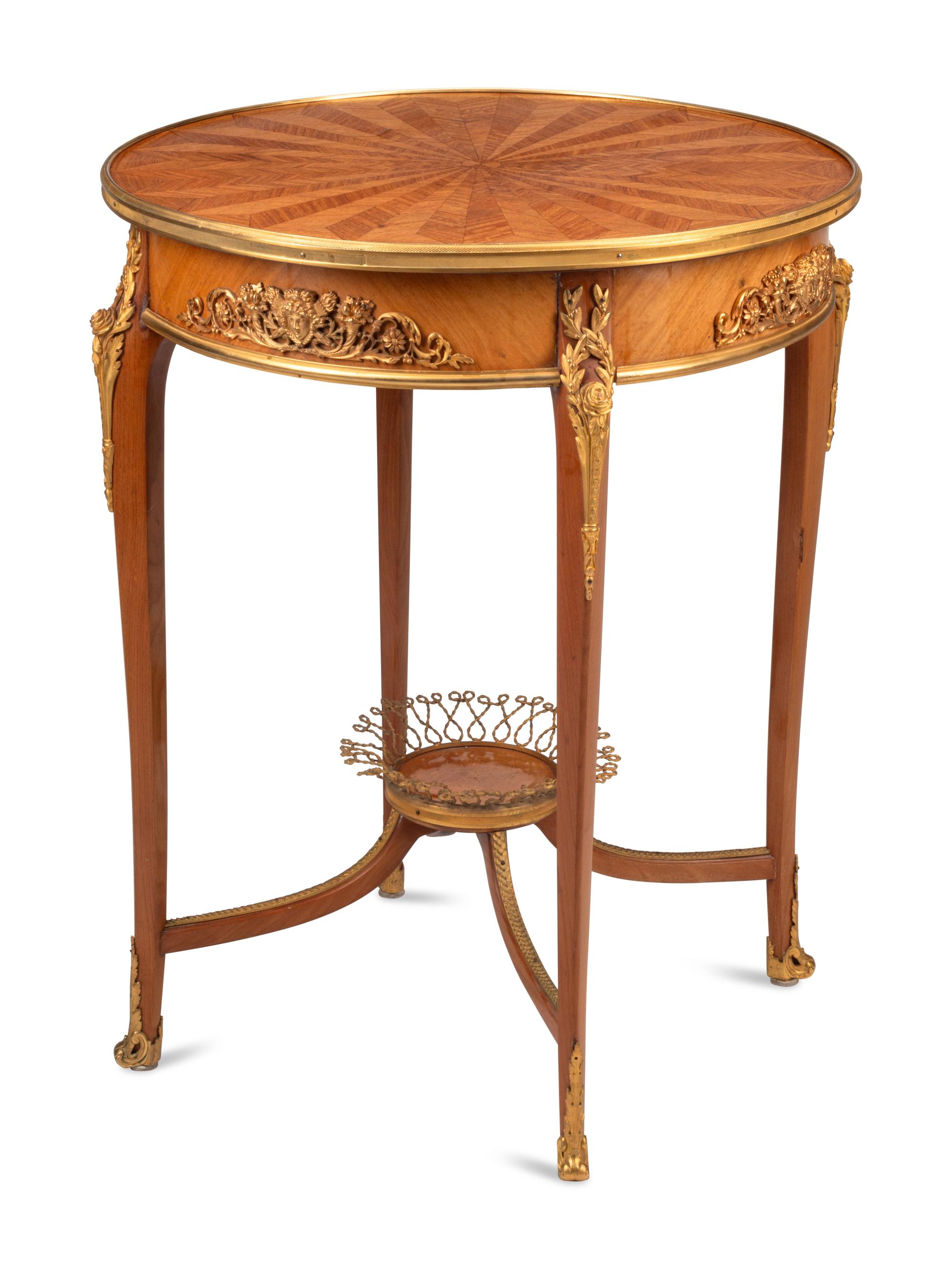 A Louis XV/XVI Transitional Style Gilt Bronze Mounted Parquetry Side Table