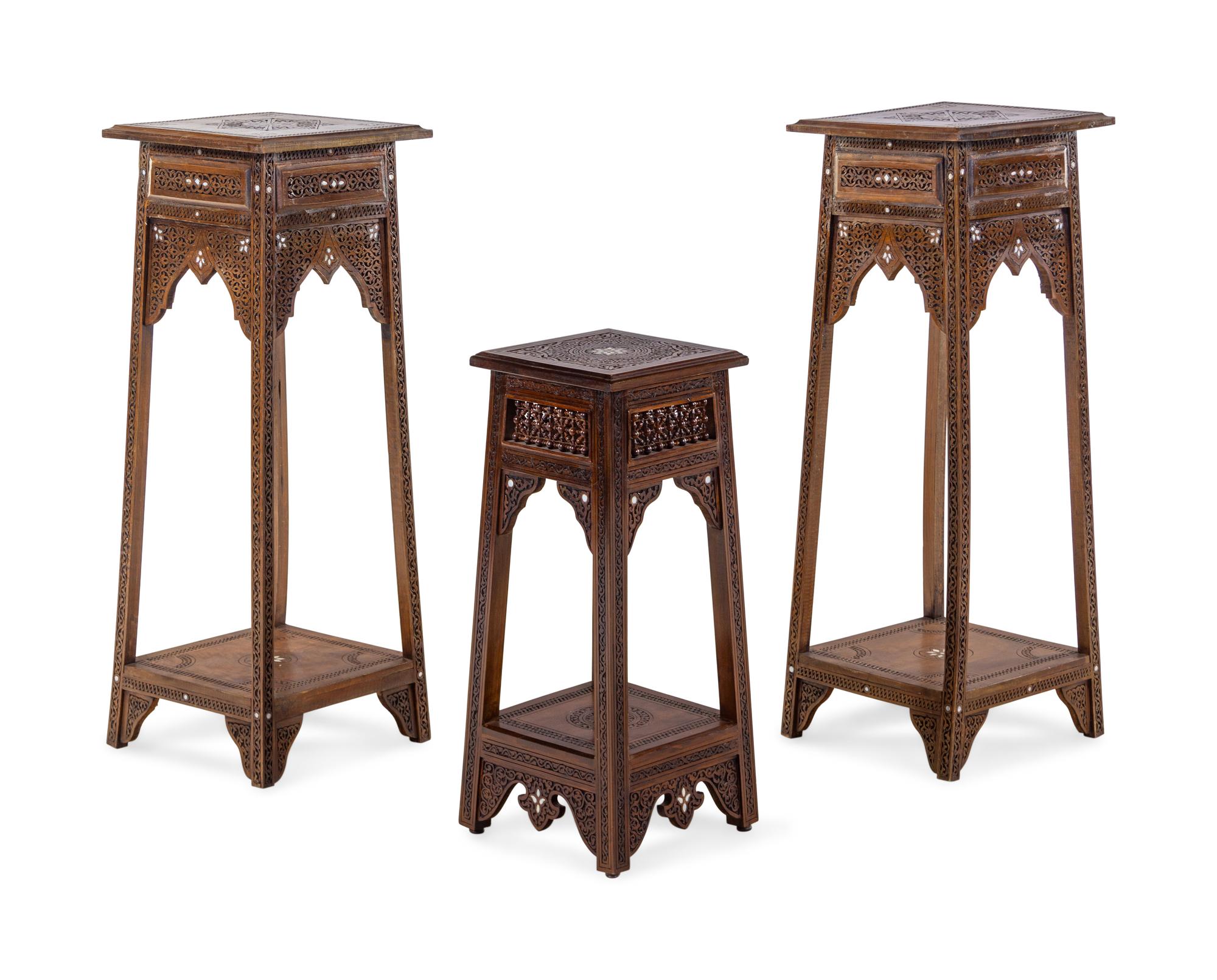 A Pair of Syrian Mother-of-Pearl Inlaid Walnut Pedestal Tables