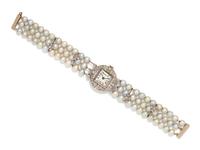 ANTIQUE, PLATINUM, DIAMOND AND CULTURED PEARL WRISTWATCH