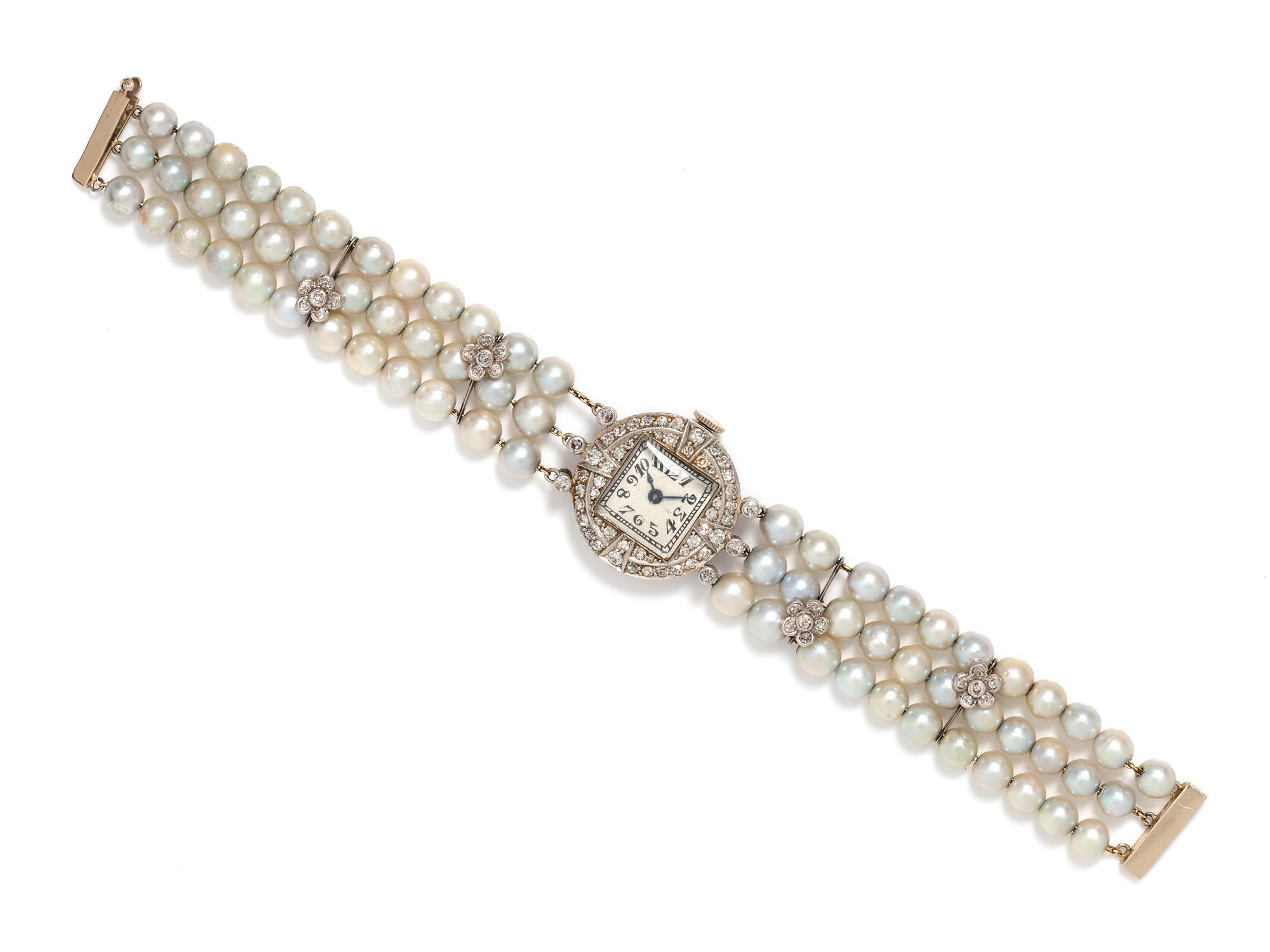 ANTIQUE, PLATINUM, DIAMOND AND CULTURED PEARL WRISTWATCH