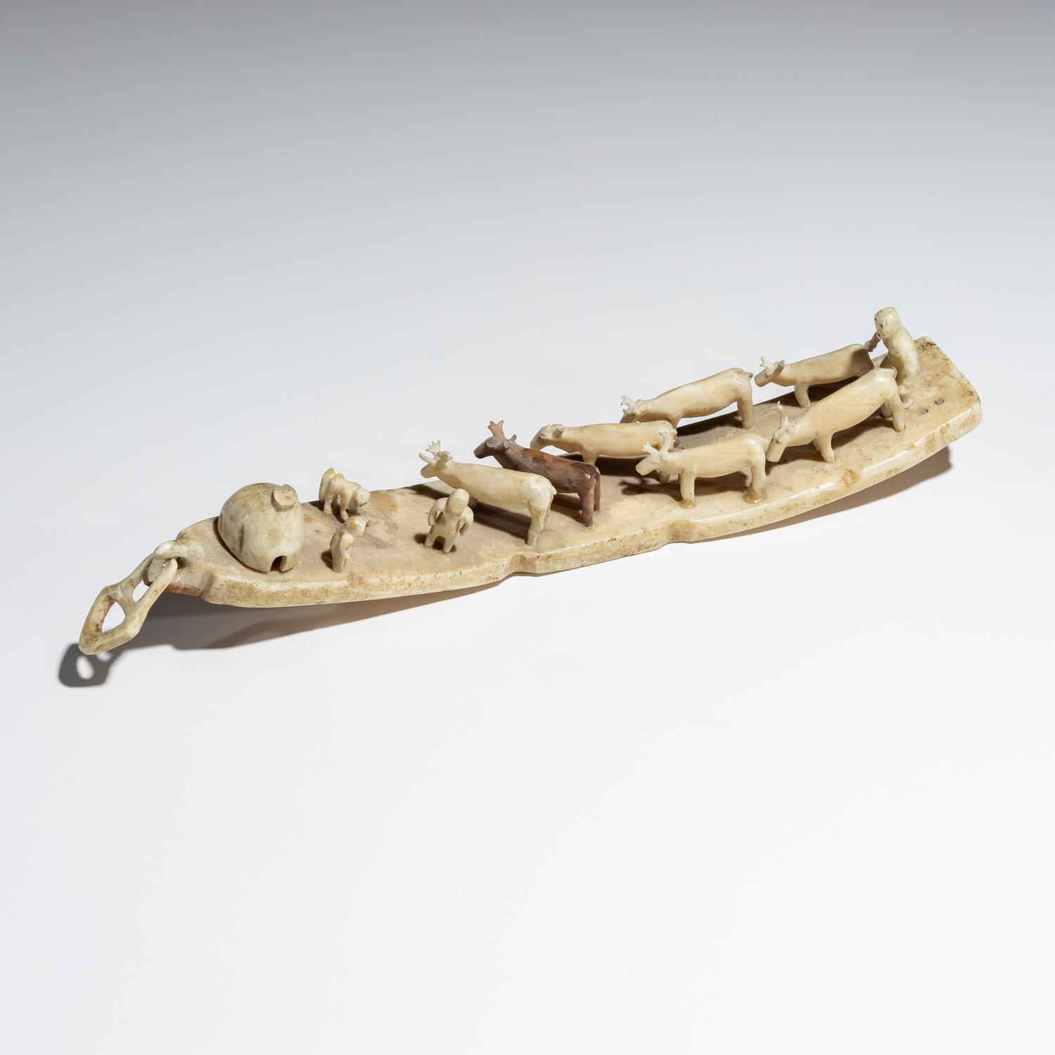 Inupiat Carved Miniature Model, Herding Reindeer