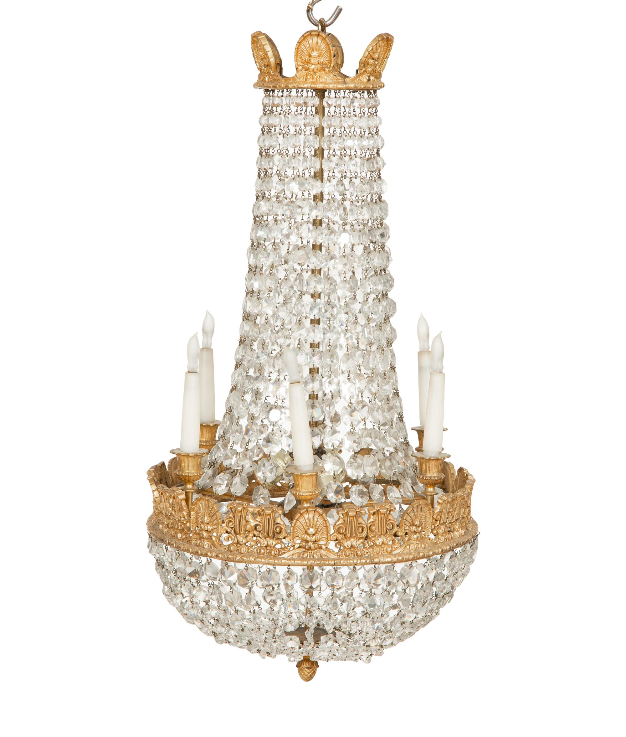 An Empire Style Gilt Metal and Cut Glass Six-Light Chandelier