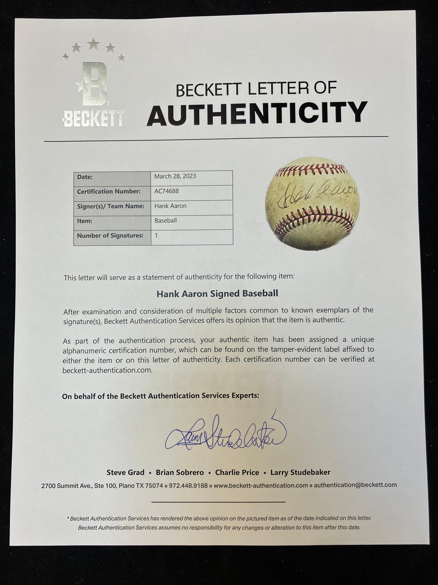 A Hank Aaron Single Signed Autograph Baseball (Beckett Authentication Services Letter),