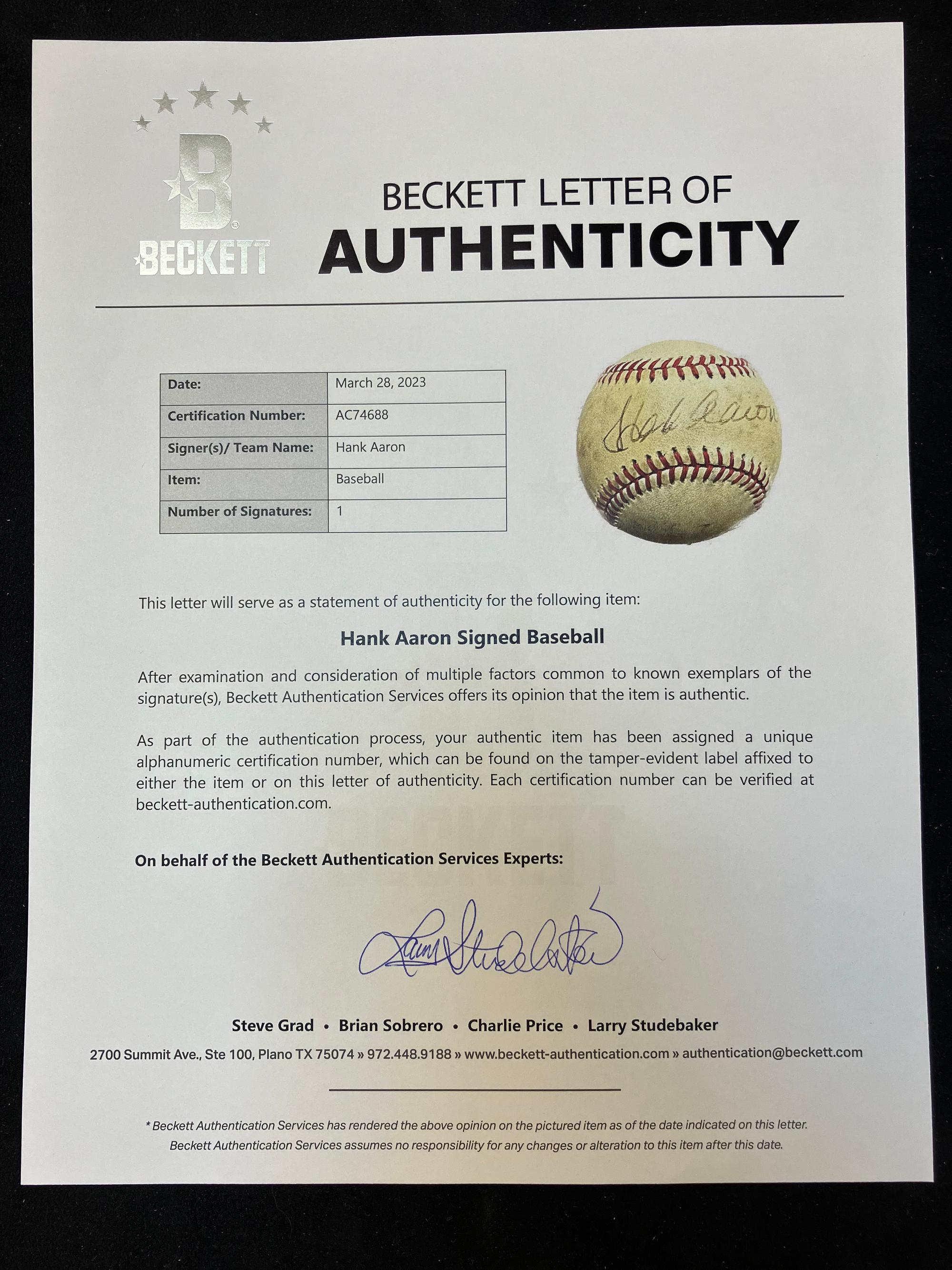 A Hank Aaron Single Signed Autograph Baseball (Beckett Authentication Services Letter),